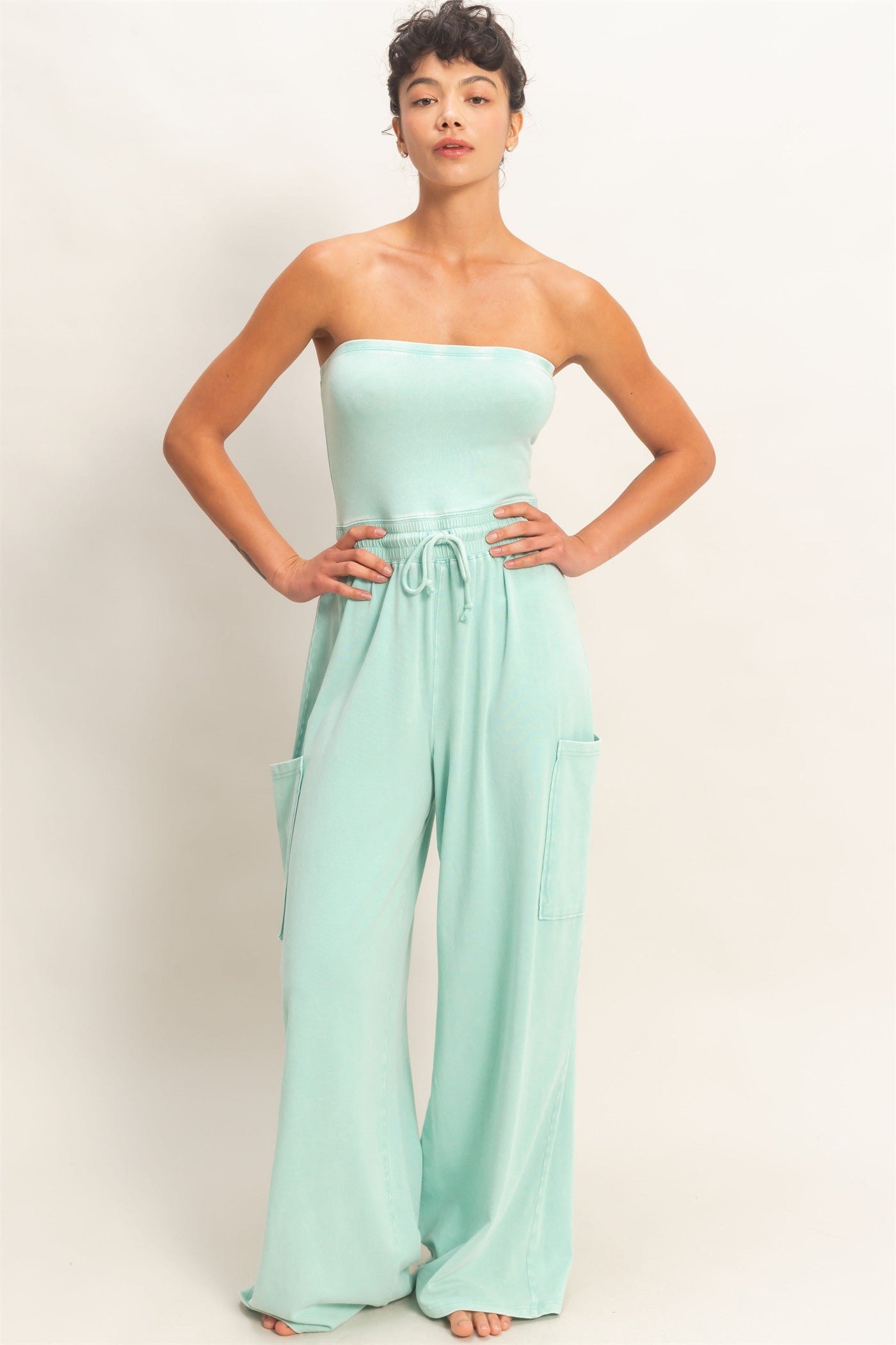Wholesale Mineral Wash Strapless Wide-Leg Jumpsuit Clothing DZ26C376 TURQUOISE DOUBLE ZERO