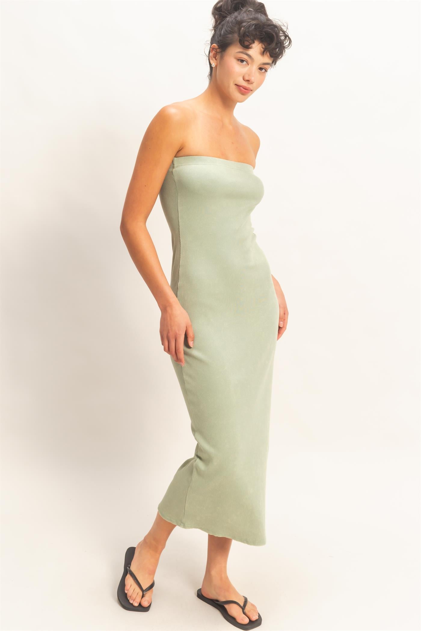 Wholesale Acid Washed Ribbed Midi Tube Dress Dresses DZ26C620 SAGE GREEN DOUBLE ZERO