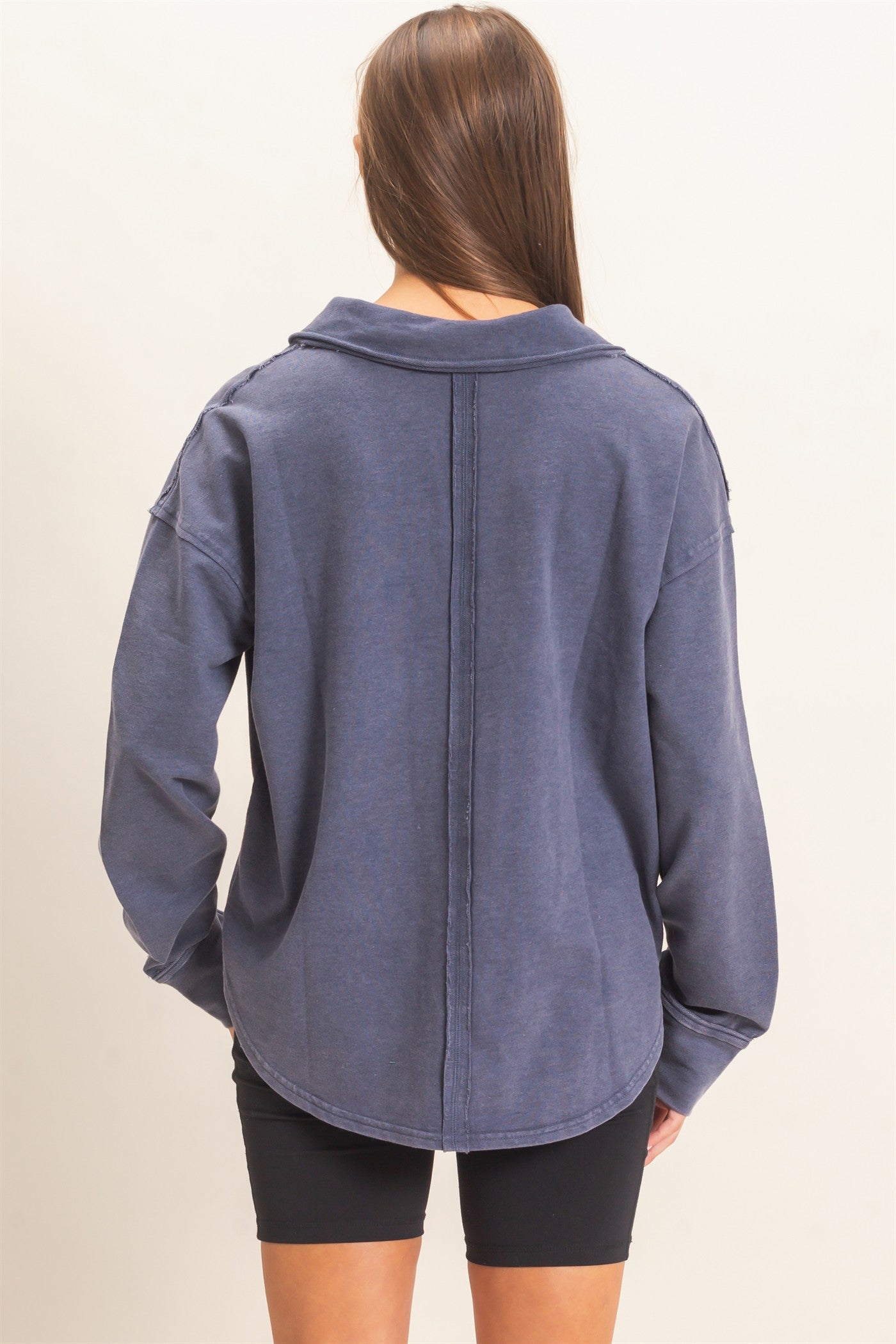 Wholesale Mineral Washed Polo Collar Long Sleeve Top Polos DZ26E887 NAVY DOUBLE ZERO