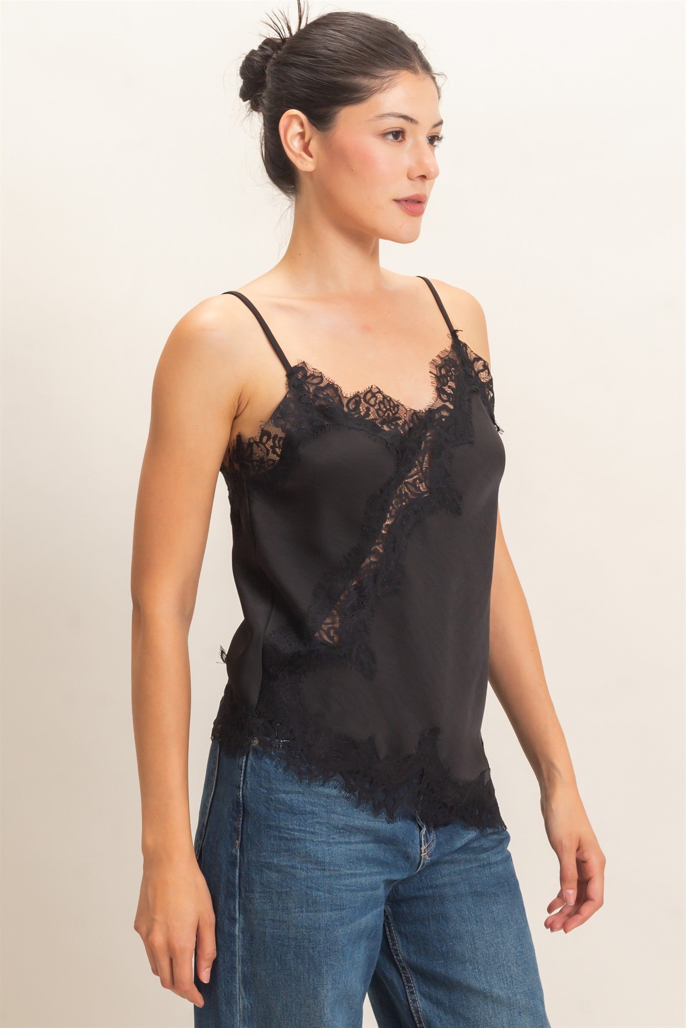 Wholesale Asymmetrical Satin Lace Top Camisoles HF26C945-D BLACK HYFVE
