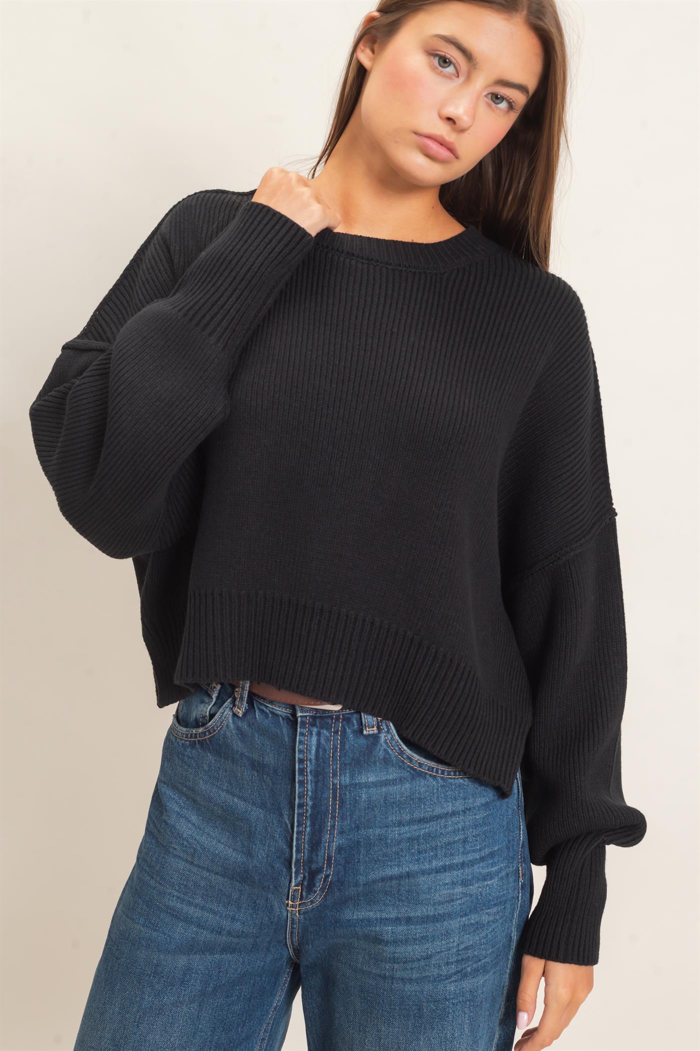 Wholesale Ribbed Drop Shoulder Sweater Sweaters DZ26C982 BLACK DOUBLE ZERO