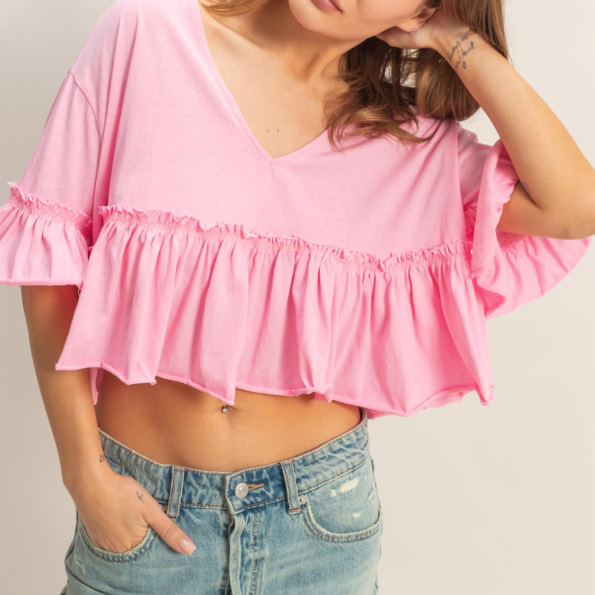 V-Neck Ruffle Hem Top – HYFVE