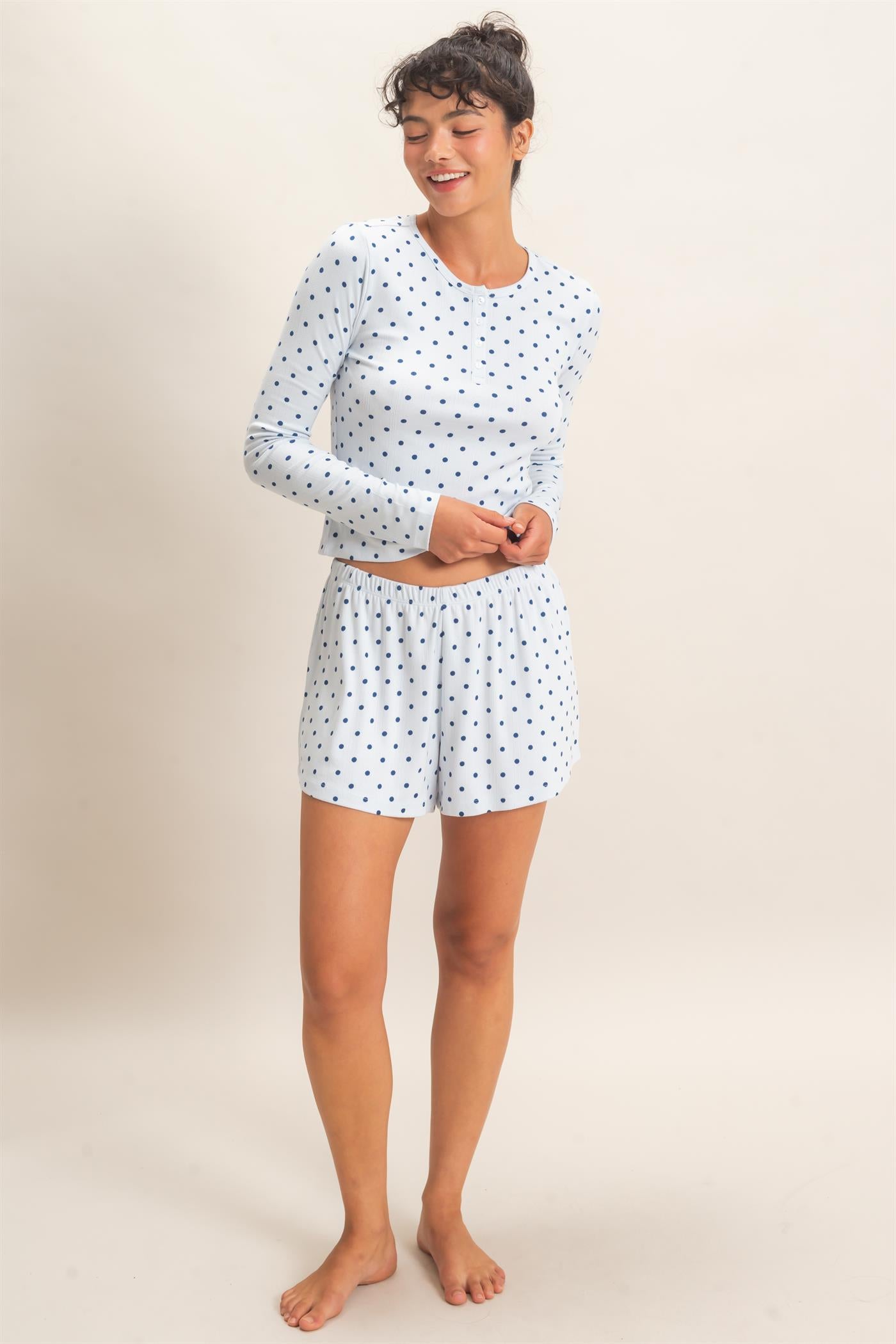 Wholesale Polka Dot Henley Long Sleeve Top & Shorts Set Clothing DZ27A154-SET LIGHT BLUE DOUBLE ZERO