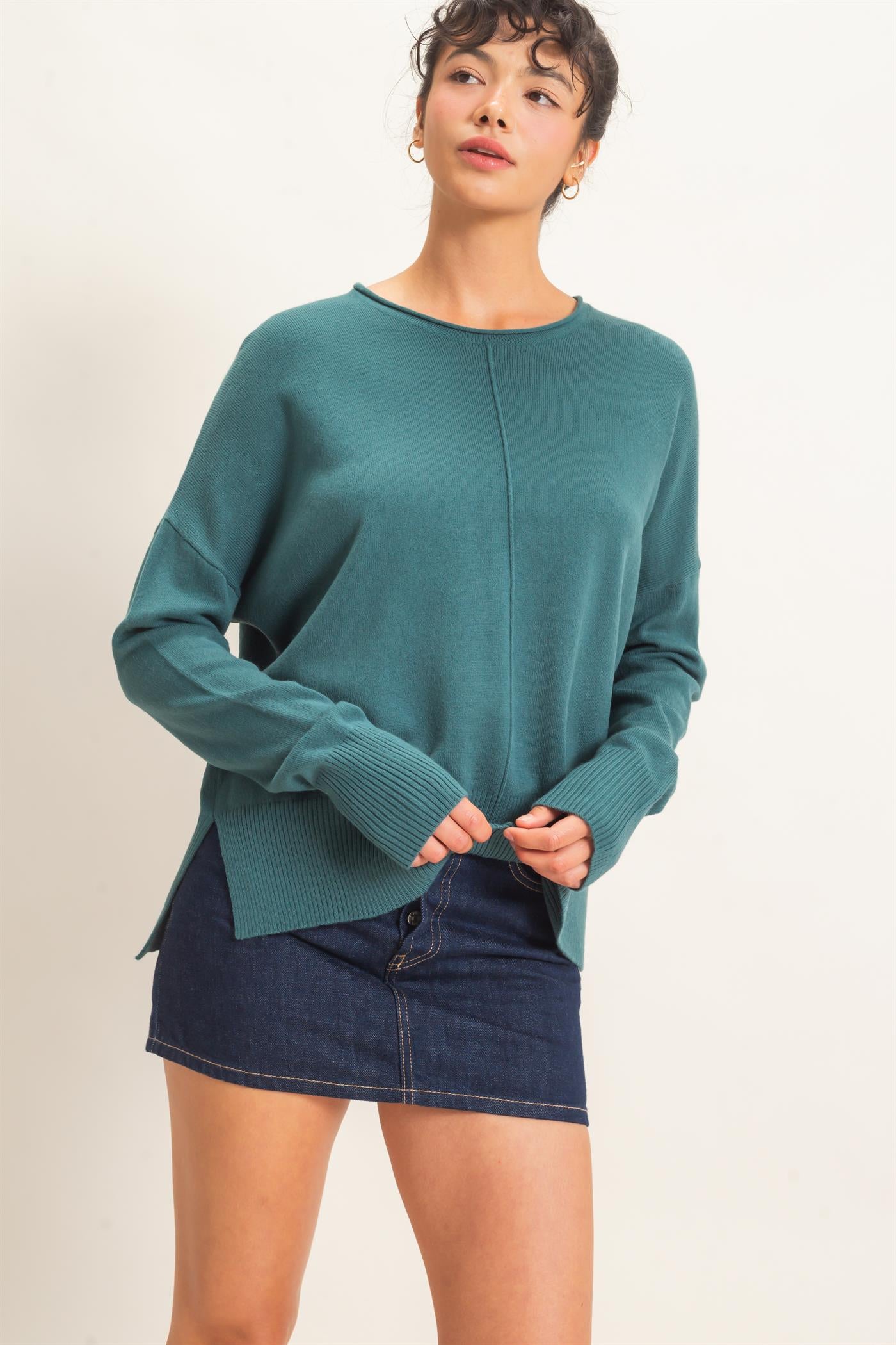 Wholesale Roll Neck Seam Detail Sweater Sweaters DZ26C975 DARK TEAL DOUBLE ZERO