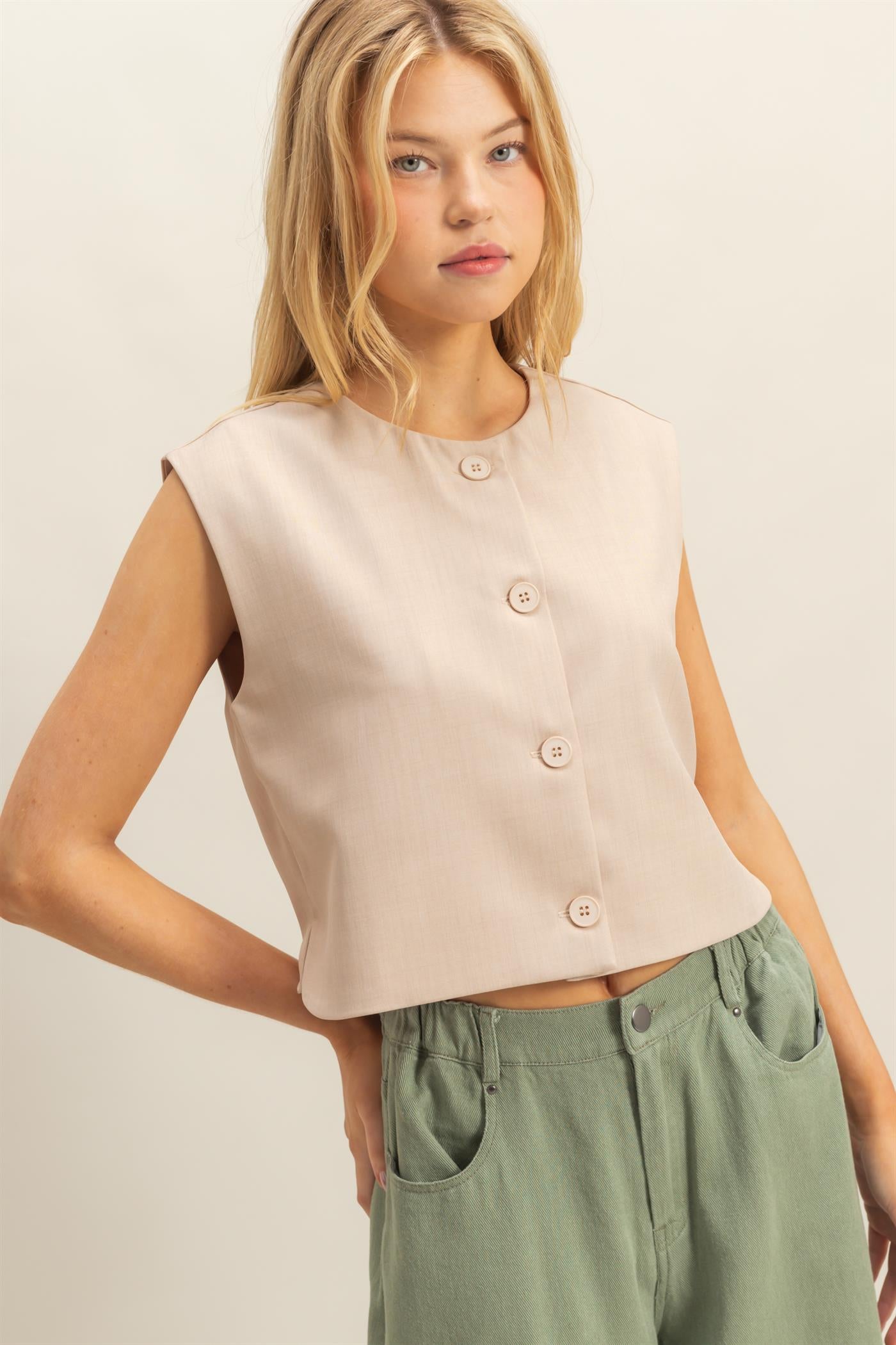 Wholesale Sleek Sleeveless Vest Top Clothing Tops HF25E489 BEIGE HYFVE