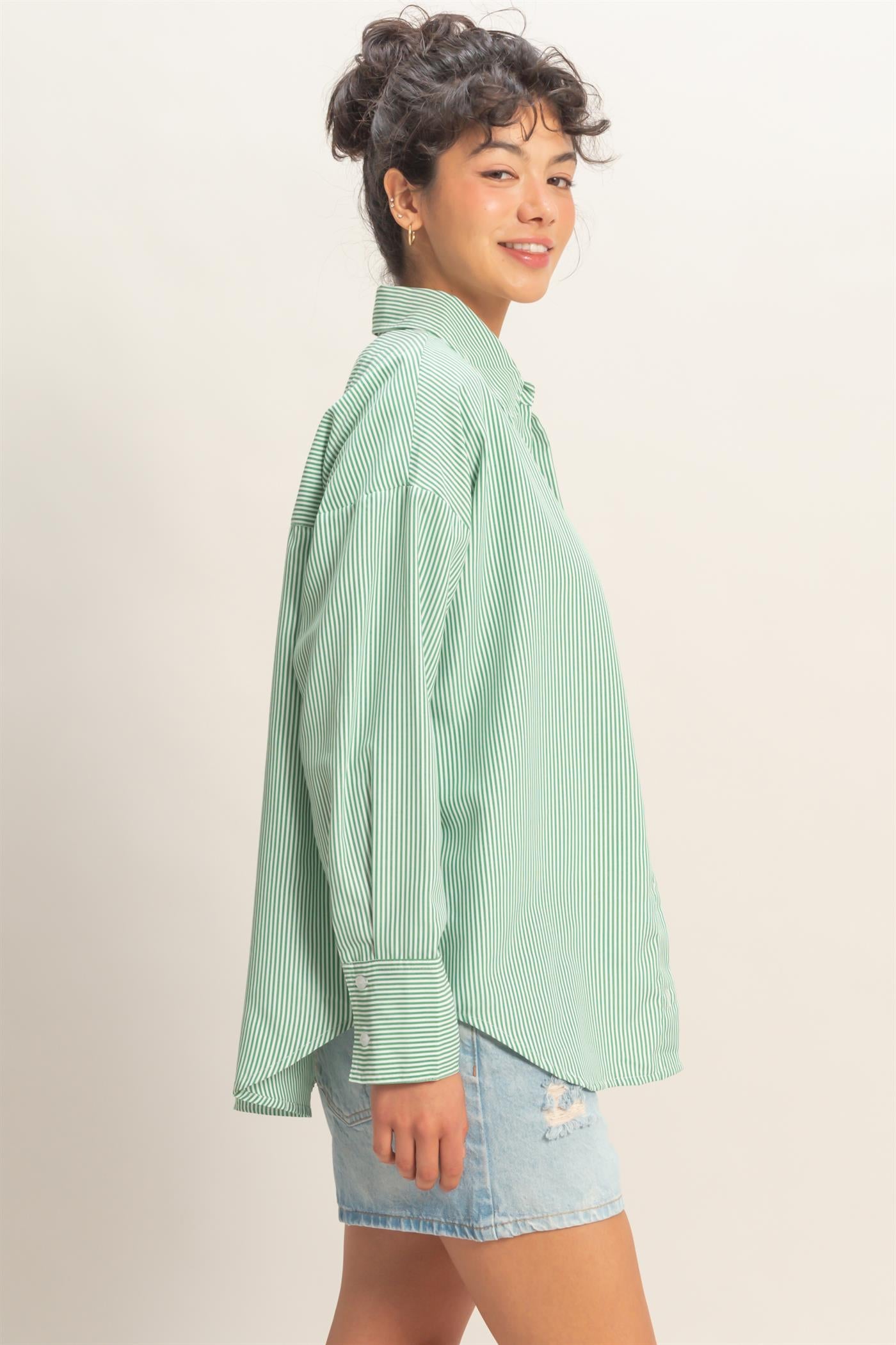 Wholesale Striped Button-Up Shirt Shirts DZ26A737 GREEN DOUBLE ZERO