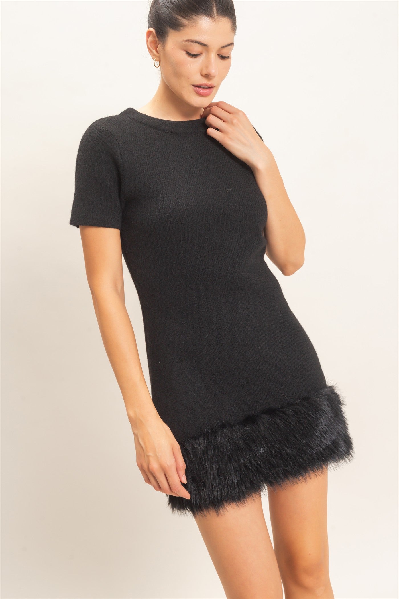 Wholesale Faux Fur Trim Knit Dress Dresses HF26E785-D BLACK HYFVE
