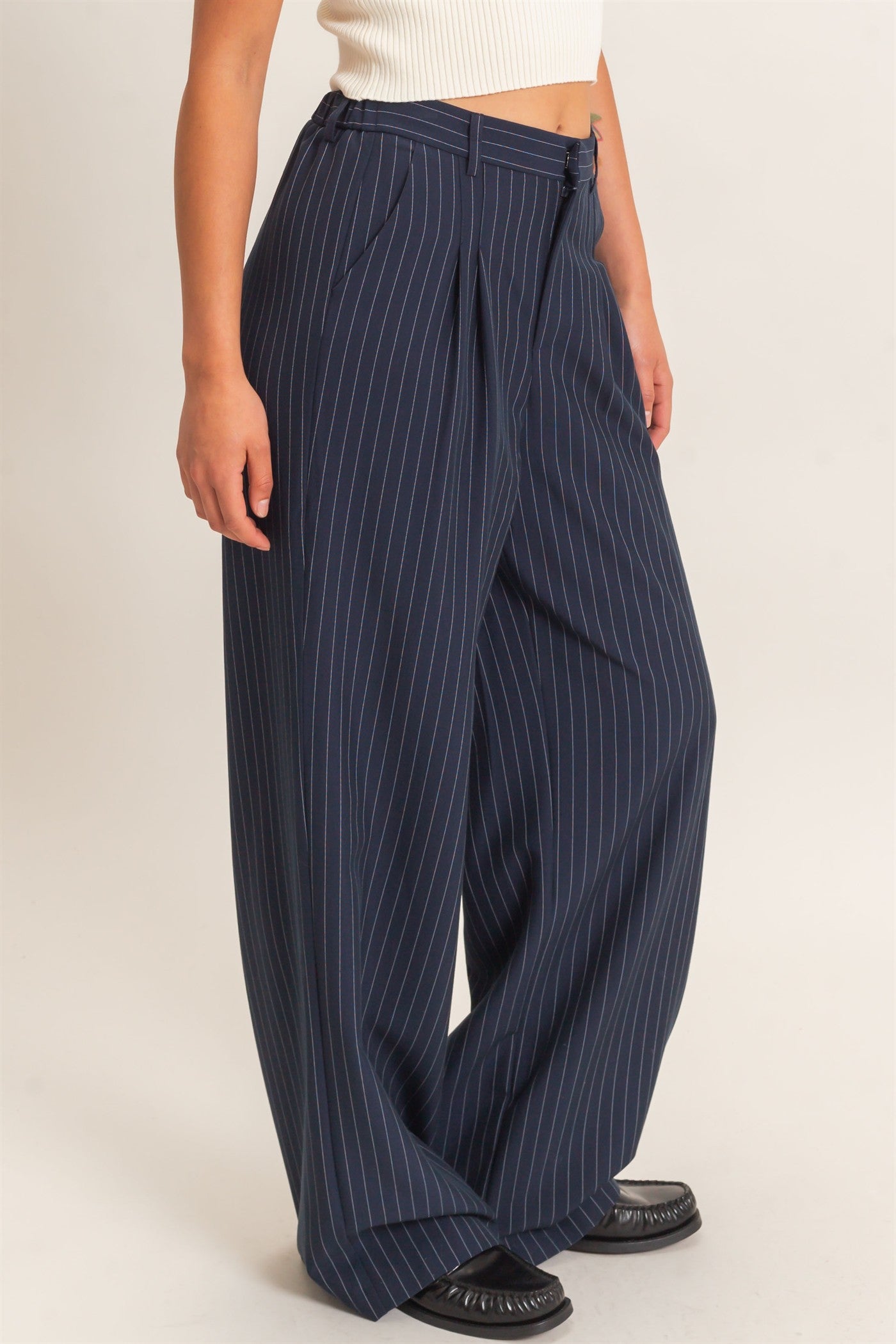 Wholesale Pinstripe Wide-Leg Trousers Pants DZ26E426 NAVY DOUBLE ZERO