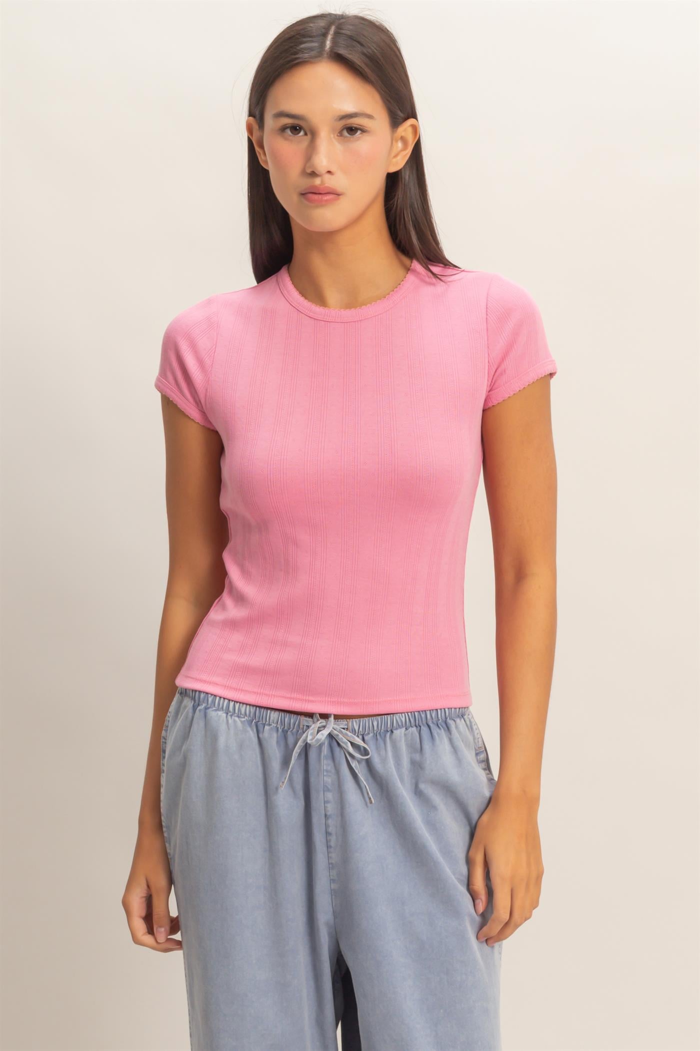 Wholesale Pointelle Short Sleeve Top Clothing Tops DZ26C285 PINK DOUBLE ZERO