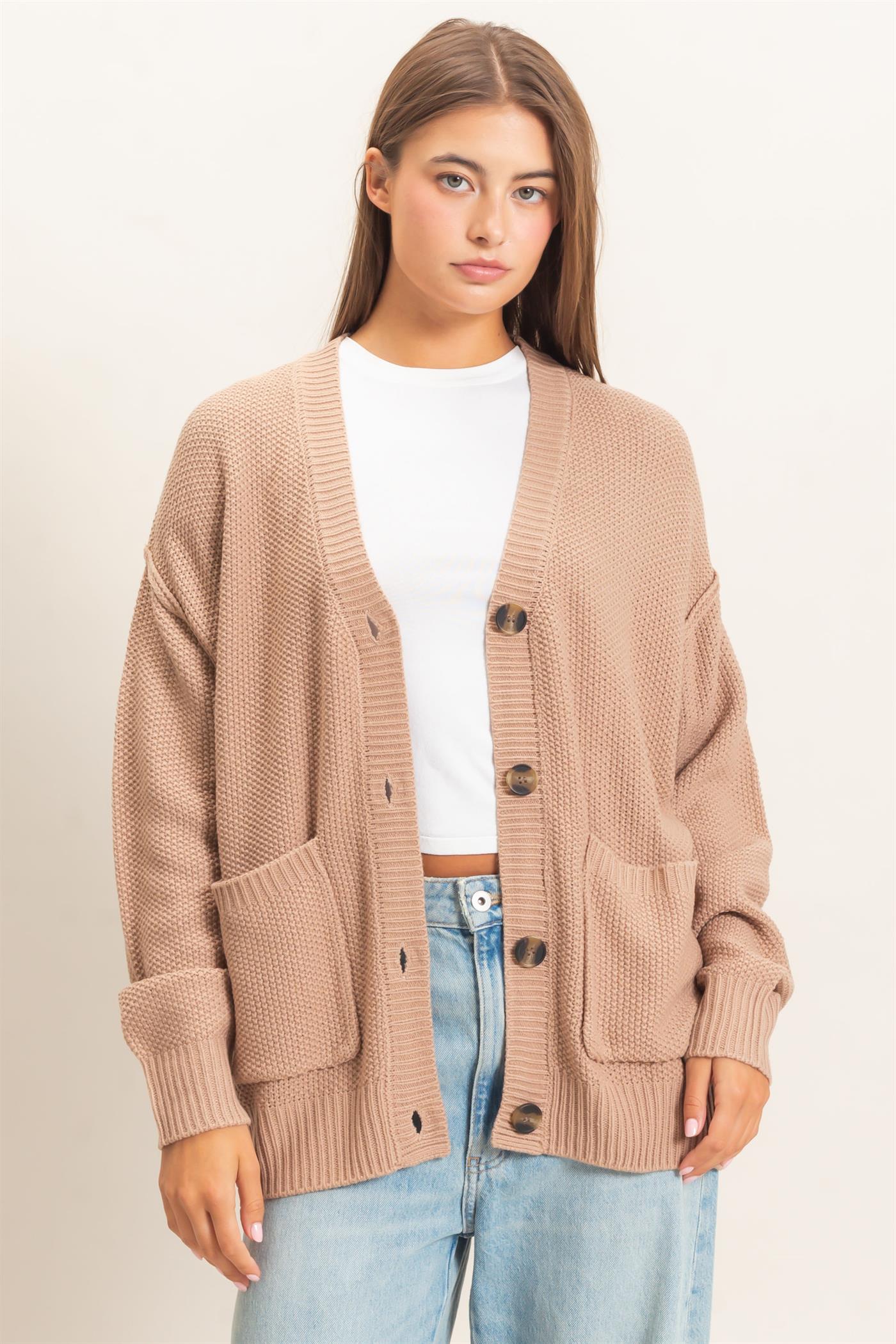 Wholesale Textured Oversized Knit Buttoned Cardigan Cardigans DZ26C971 DARK TAUPE DOUBLE ZERO
