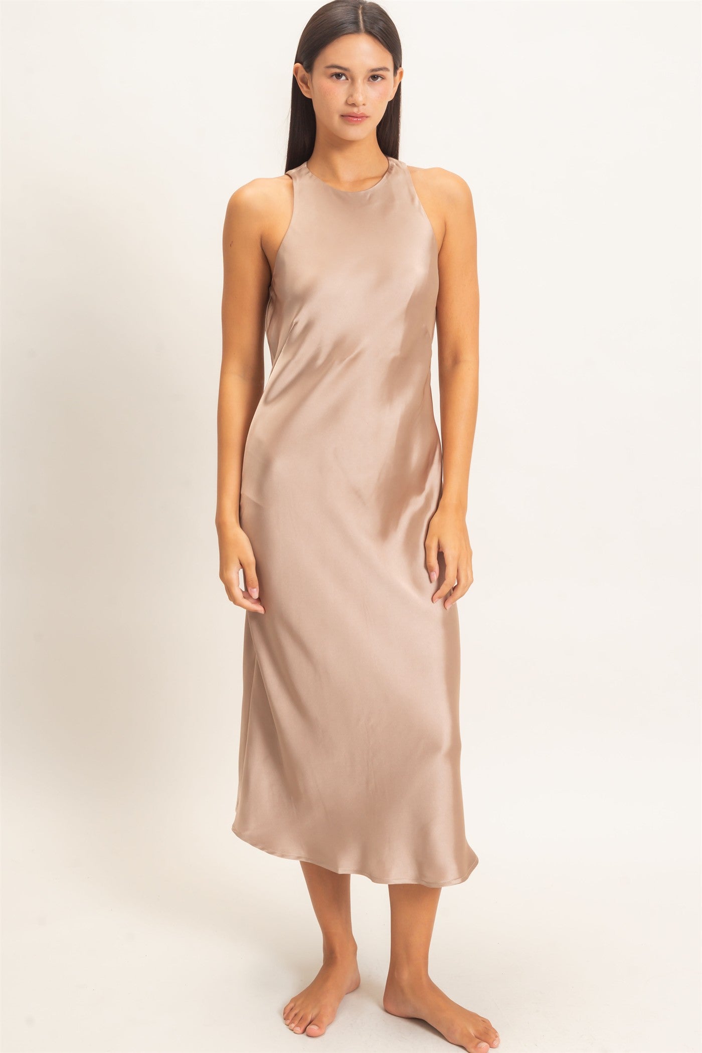 Wholesale Sleeveless Satin Midi Dress Dresses DZ26E257 DARK TAUPE DOUBLE ZERO