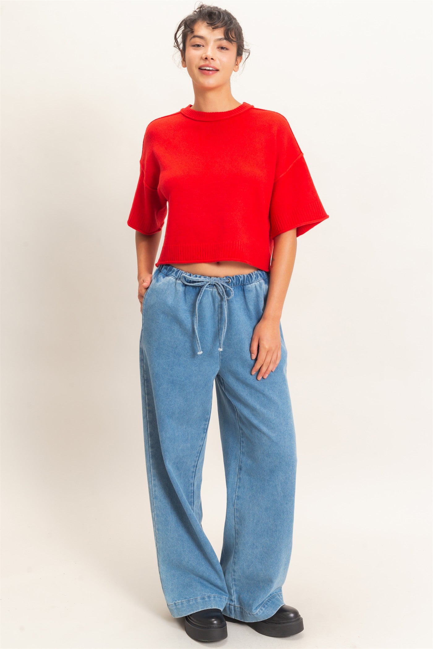 Wholesale Elastic Waist Wide Leg Denim Pants Pants DZ26E331 MEDIUM BLUE DOUBLE ZERO