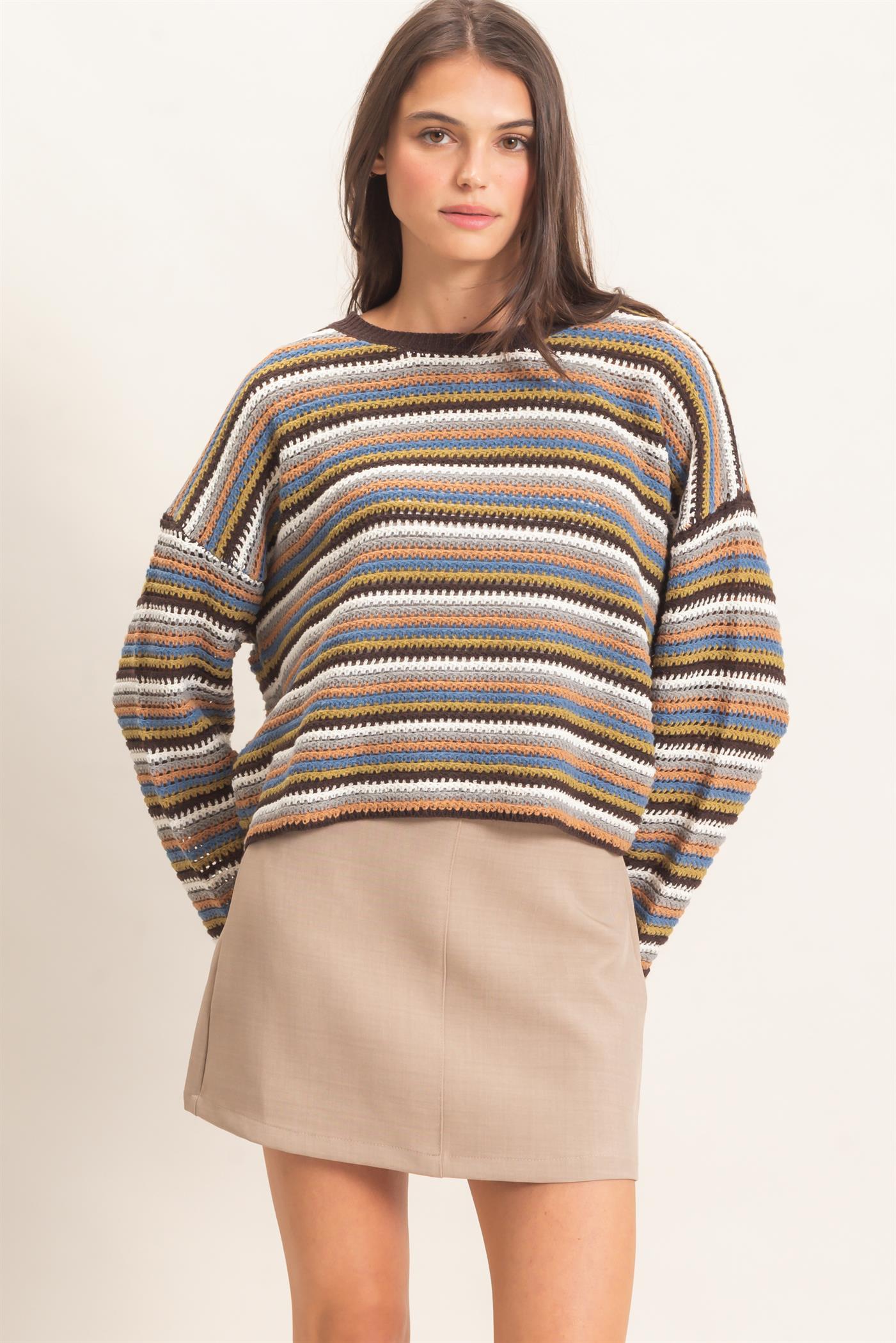 Wholesale Striped Boat Neck Sweater Sweaters HF26E681 BROWN COMBO HYFVE