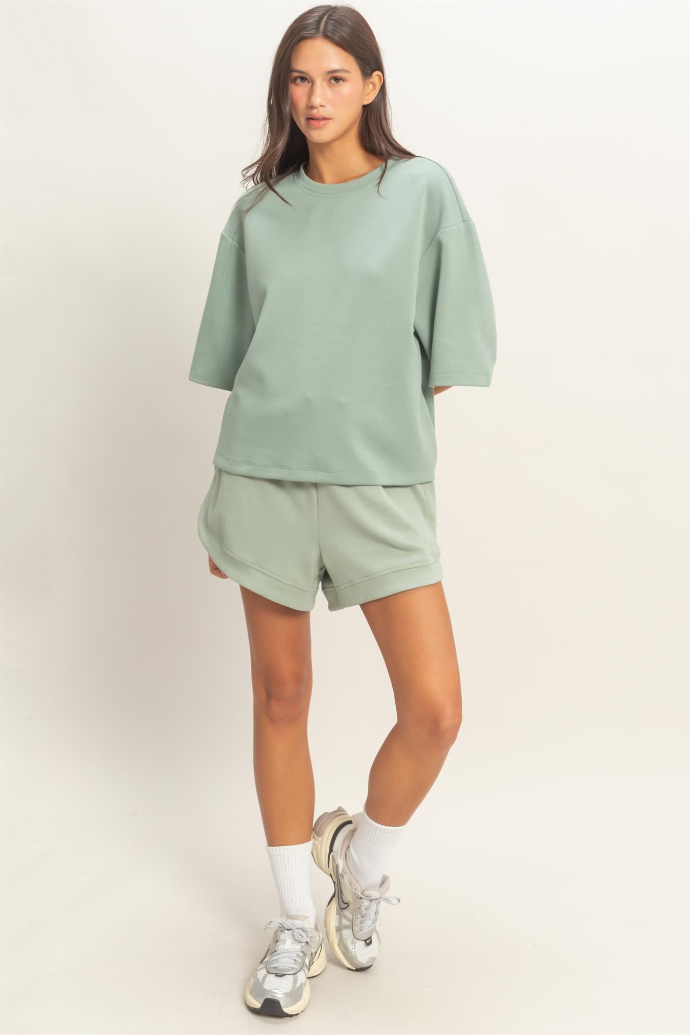 Wholesale Scuba Short Sleeve Boxy Top T-Shirts DZ26A271 SAGE GREEN DOUBLE ZERO