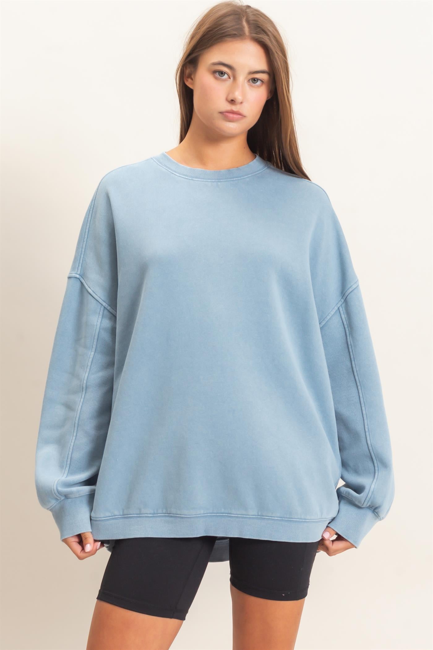 Wholesale Acid Wash Crew Neck Long Sleeve Sweatshirt Sweatshirts DZ26E268 DUSTY BLUE DOUBLE ZERO