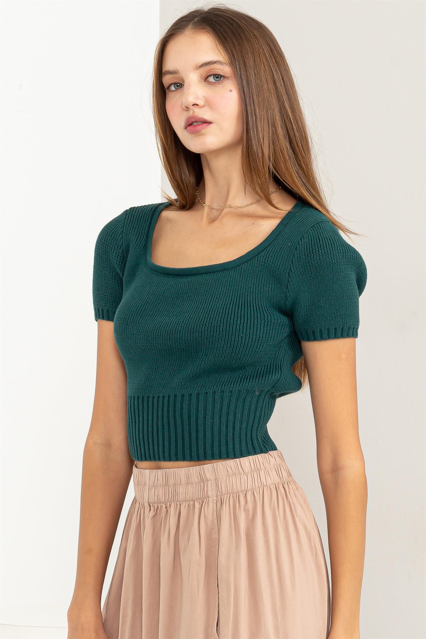 Wholesale Scoop Neck Short Sleeve Knit Top Clothing Tops DZ24A557 PINE GREEN DOUBLE ZERO