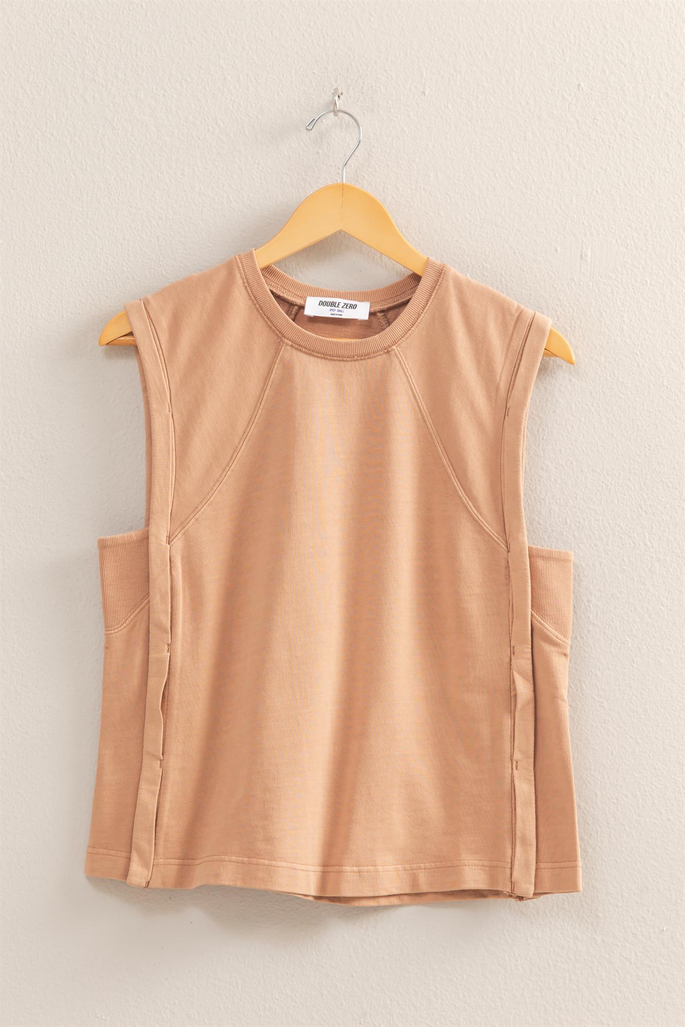 Wholesale Round Neck Sleeveless Boxy Top Clothing Tops DZ25C561 DARK TAUPE DOUBLE ZERO