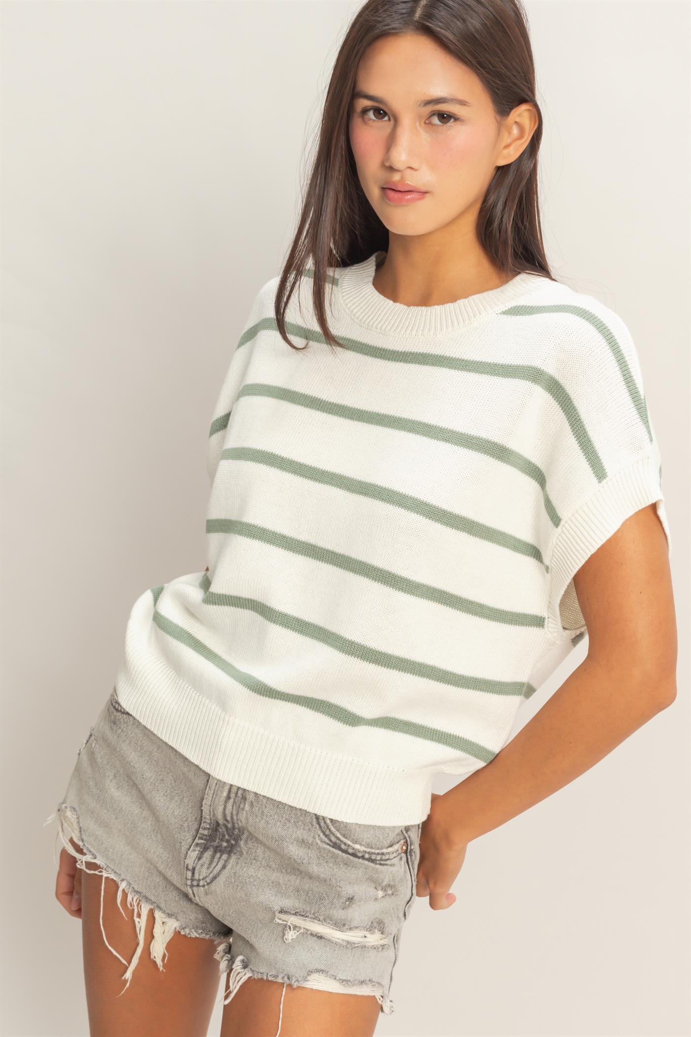 Wholesale Striped Crew Neck Knit Top Clothing Tops DZ26A740 SAGE GREEN DOUBLE ZERO
