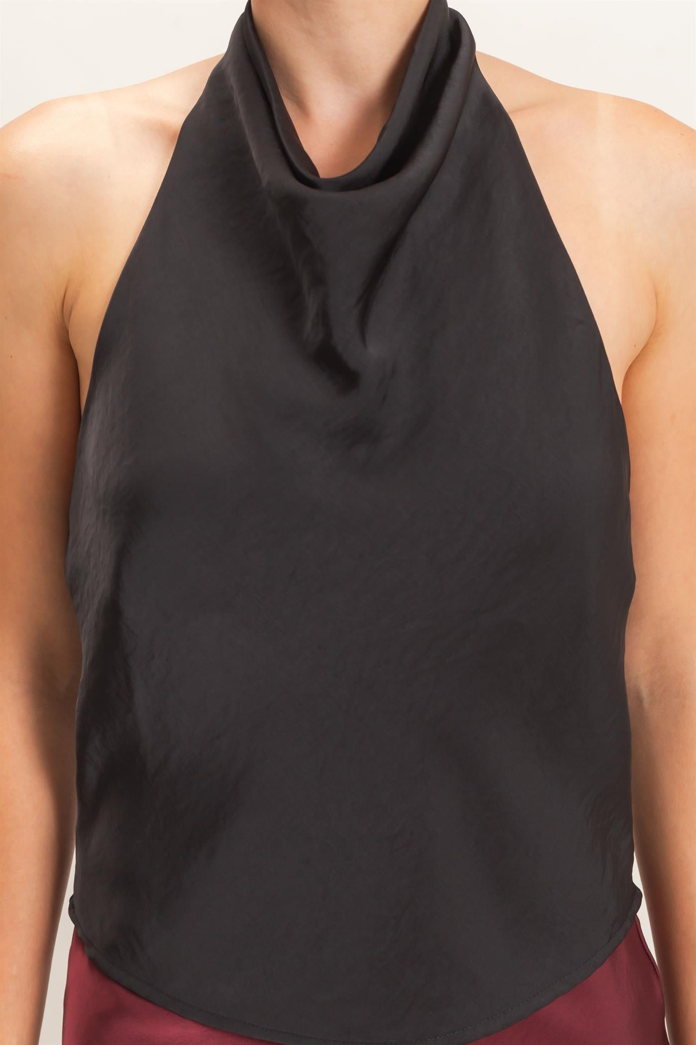 Wholesale Draped Halter Satin Top Blouses HF26E632 BLACK HYFVE