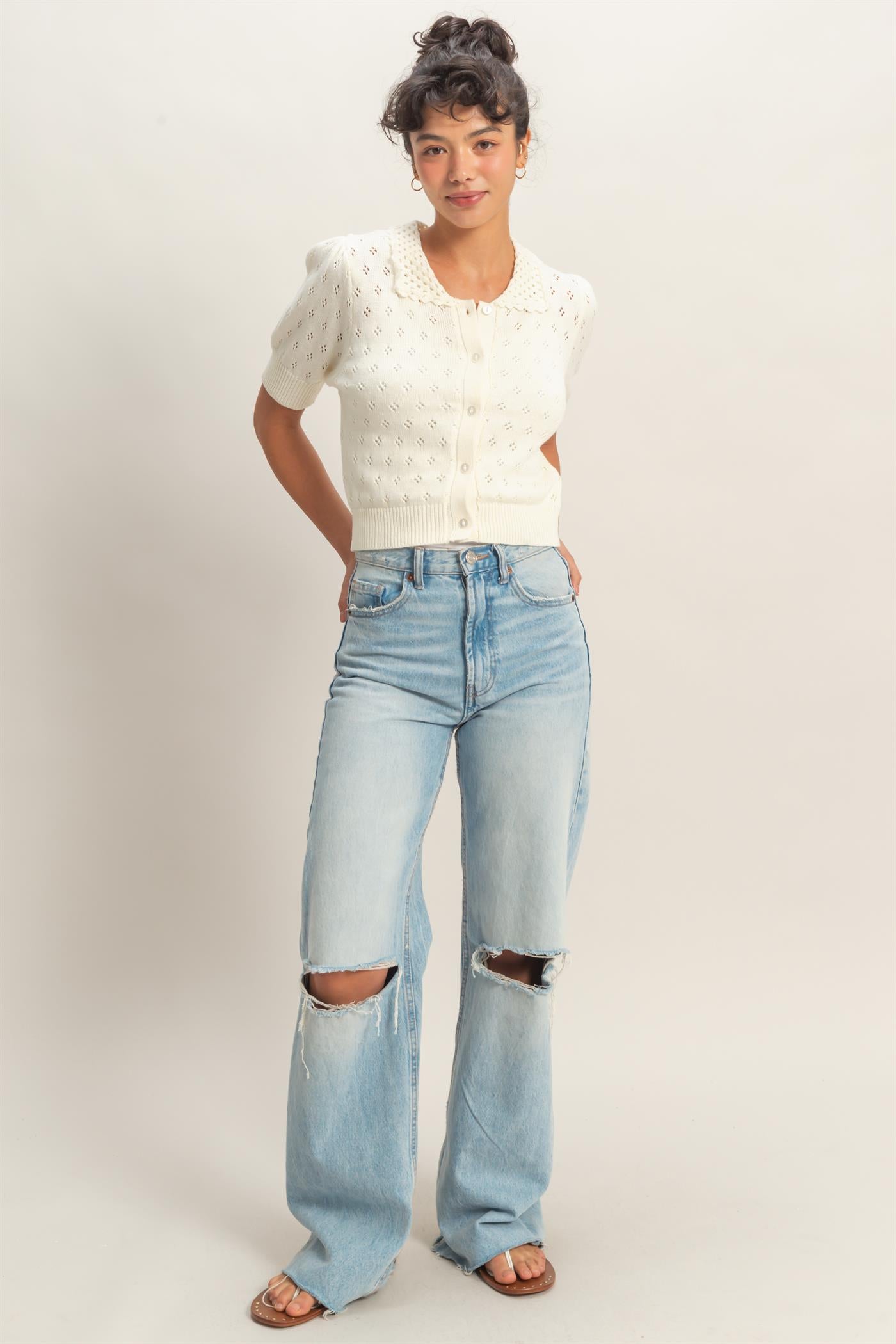Wholesale Pointelle Collar Button-Up Puff Sleeve Knit Top Clothing Tops DZ26A748 WHIP CREAM HYFVE
