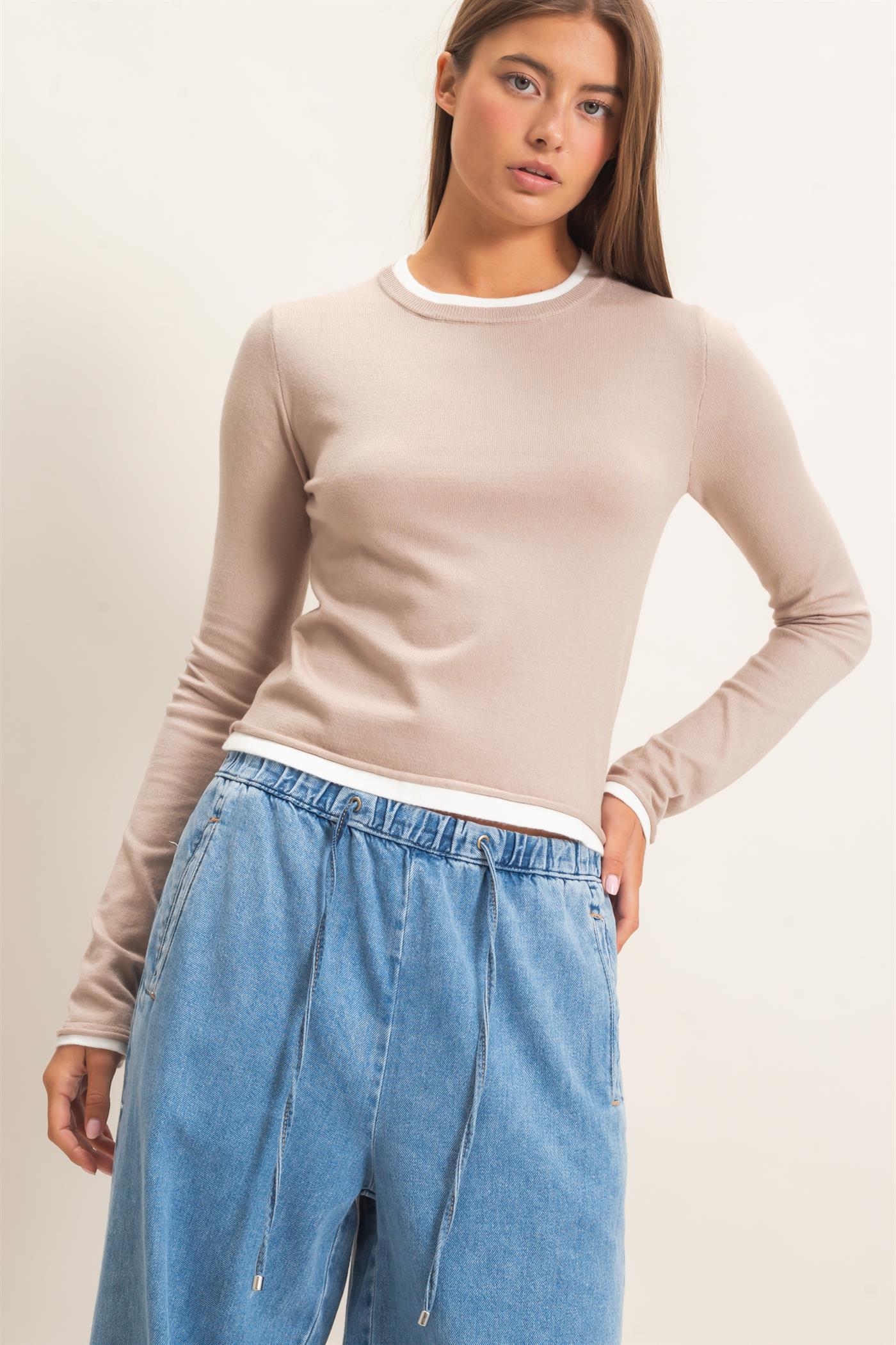 Wholesale Layer Effect Long Sleeve Knit Top Clothing Tops DZ26F394 TAUPE DOUBLE ZERO