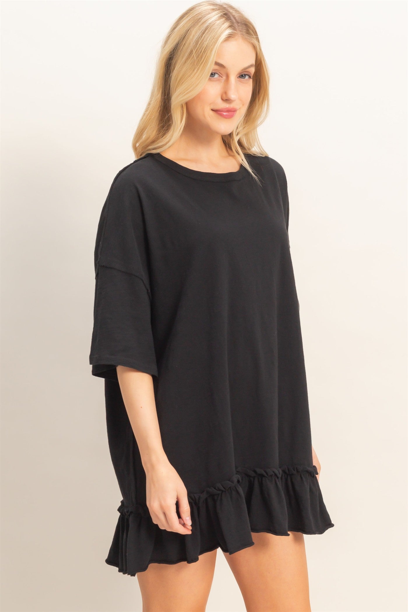 Wholesale Ruffled Hem Oversized Tunic Dresses HF26A785 BLACK HYFVE