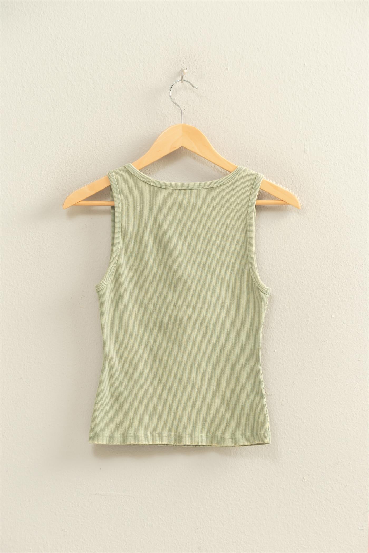 Wholesale Acid Washed Henley Ribbed Tank Top Tank Tops DZ26C661 SAGE GREEN DOUBLE ZERO