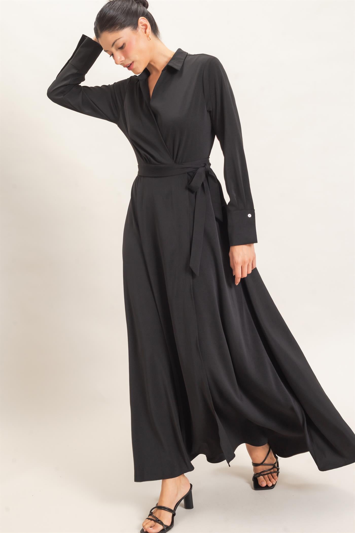 Wholesale Collared Wrap Shirt Dress Dresses HF25E869 BLACK HYFVE