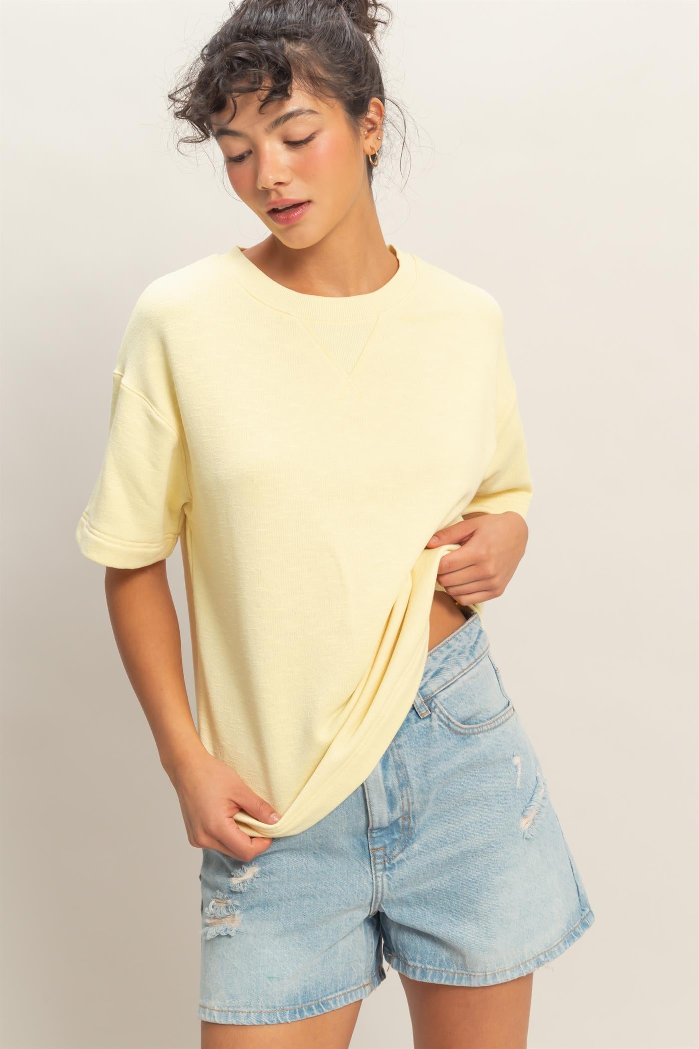Wholesale Crew Neck Short Sleeve Top Clothing Tops DZ26A891 PALE YELLOW DOUBLE ZERO