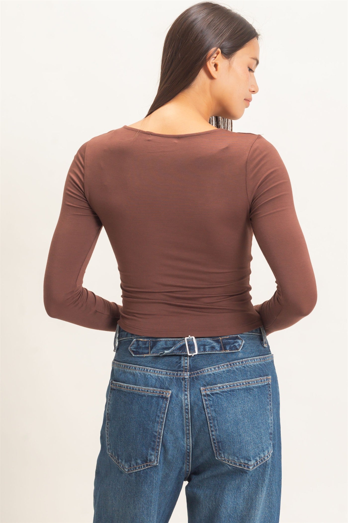 Wholesale Scoop Neck Long Sleeve Top Clothing Tops DZ26E250 DARK BROWN DOUBLE ZERO
