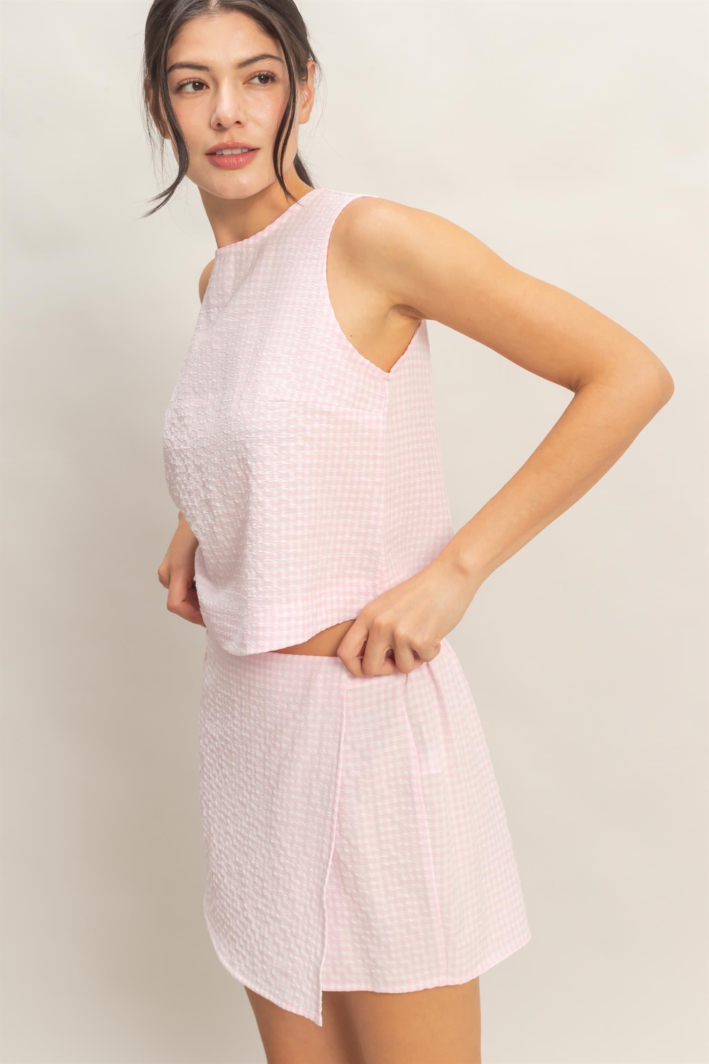 Wholesale Gingham Checkered Sleeveless Top And Skort Set Clothing DZ26C688-SET PINK DOUBLE ZERO
