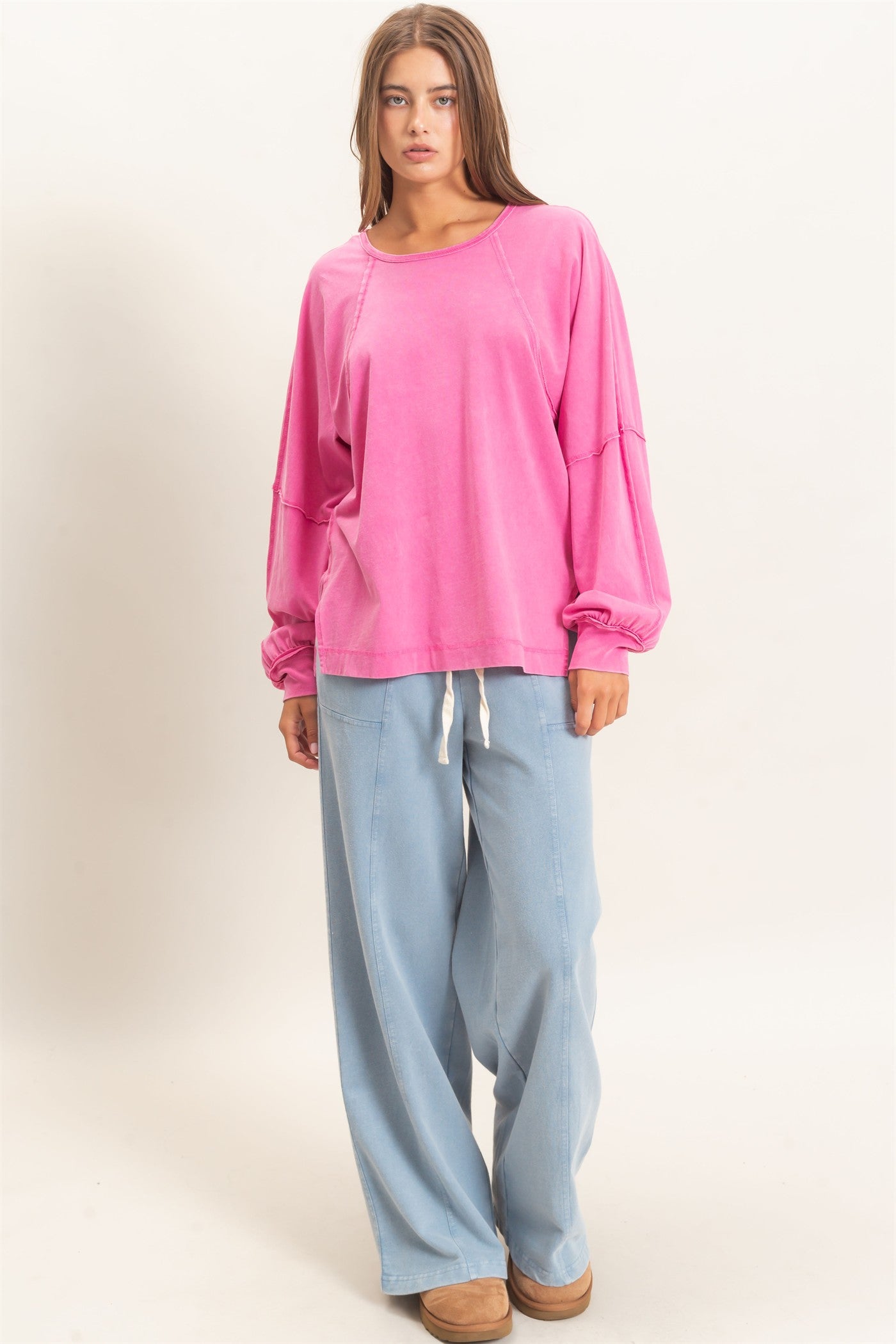 Wholesale Raglan Sleeve Snow Wash Top Shirts DZ26E945 FUCHSIA DOUBLE ZERO