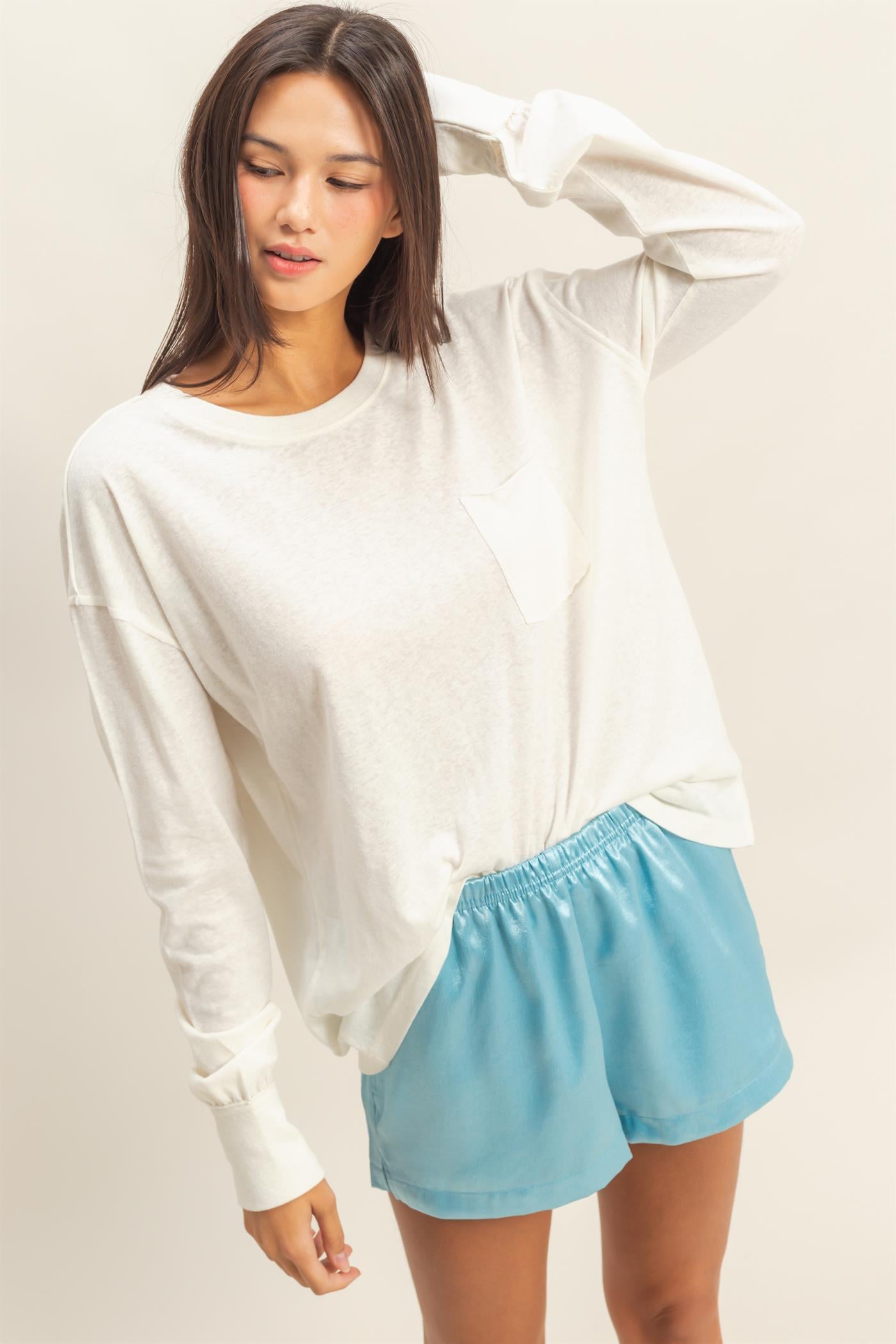 Wholesale Long Sleeve Pocket T-Shirt Clothing Tops DZ23G149 CREAM DOUBLE ZERO