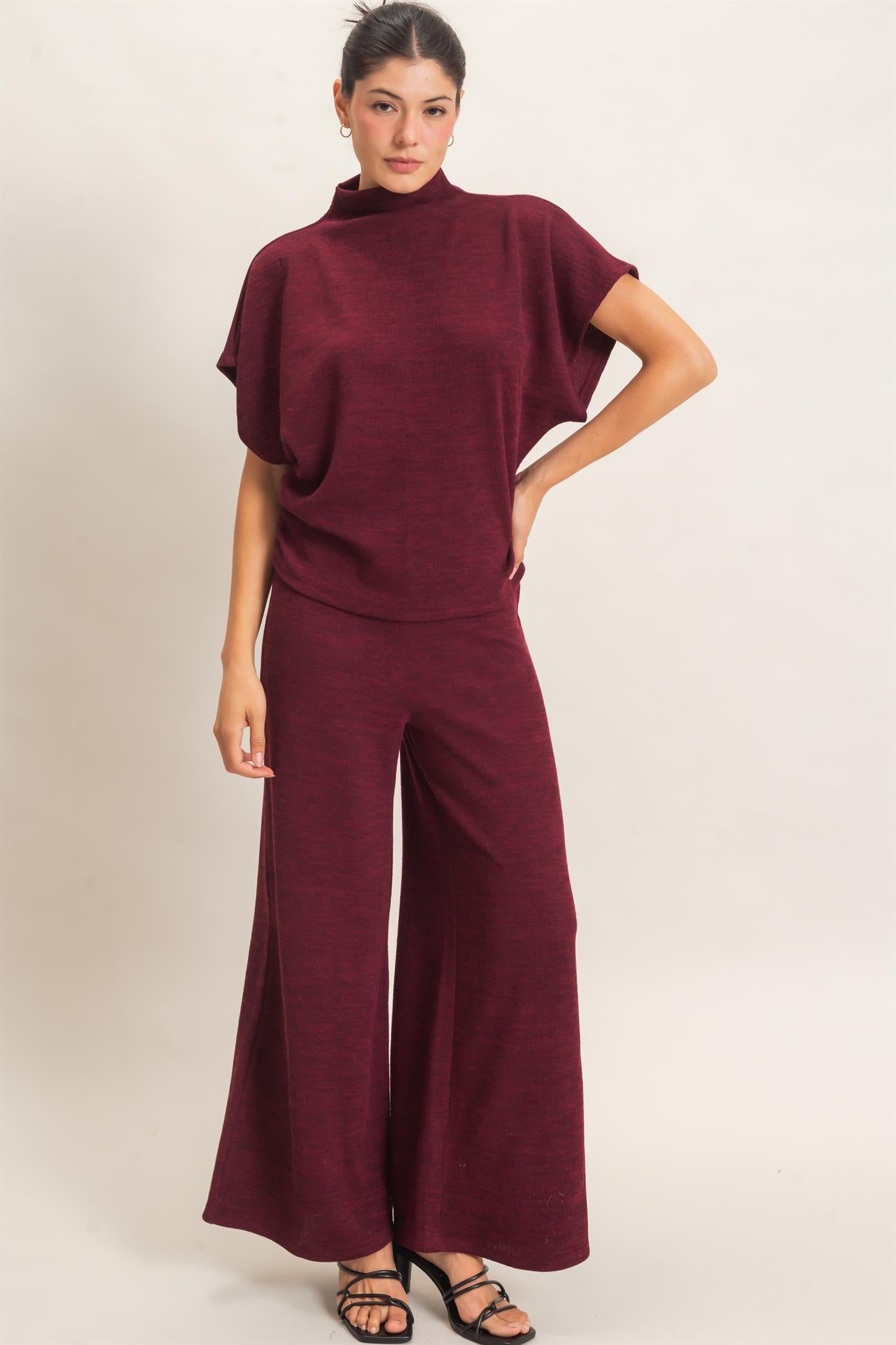 Wholesale Dolman Sleeve Top And Pant Set Clothing HF26F225-SET-D BURGUNDY HYFVE