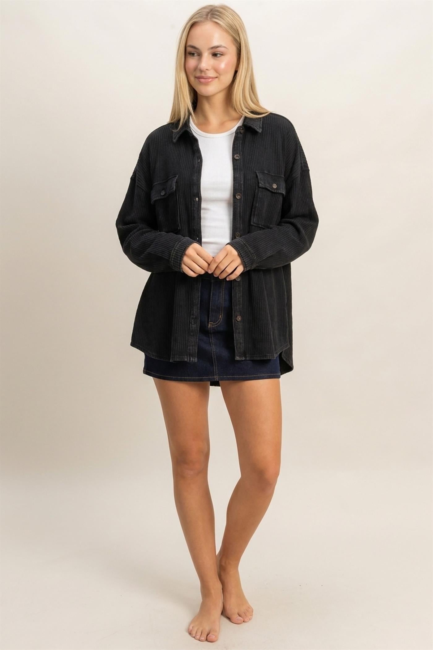 Wholesale Mineral Wash Waffle Knit Button-Up Shacket Coats & Jackets DZ26E249 BLACK DOUBLE ZERO
