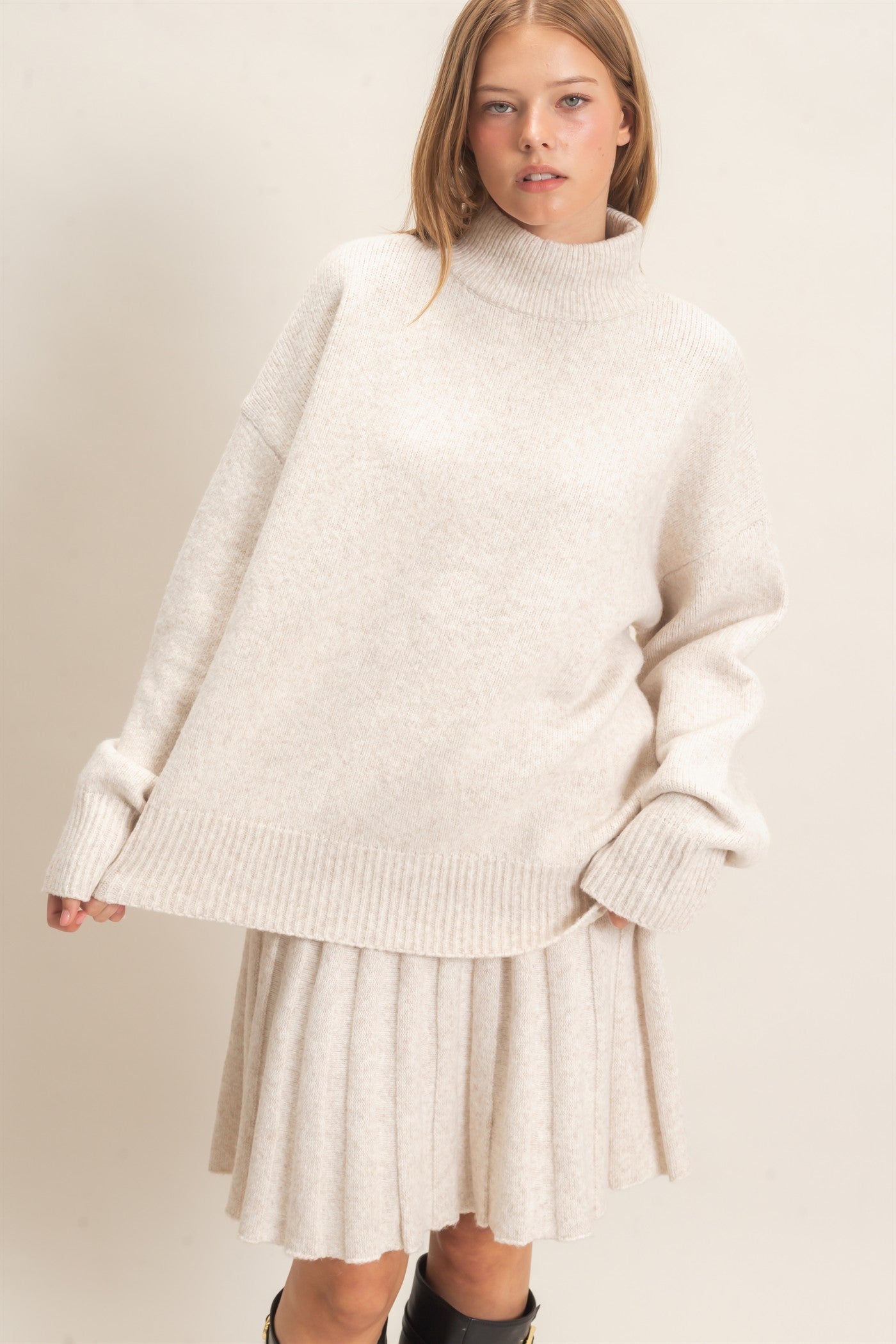 Wholesale Mock Neck Sweater And Pleated Skirt Set Clothing HF26F232-SET ECRU HYFVE