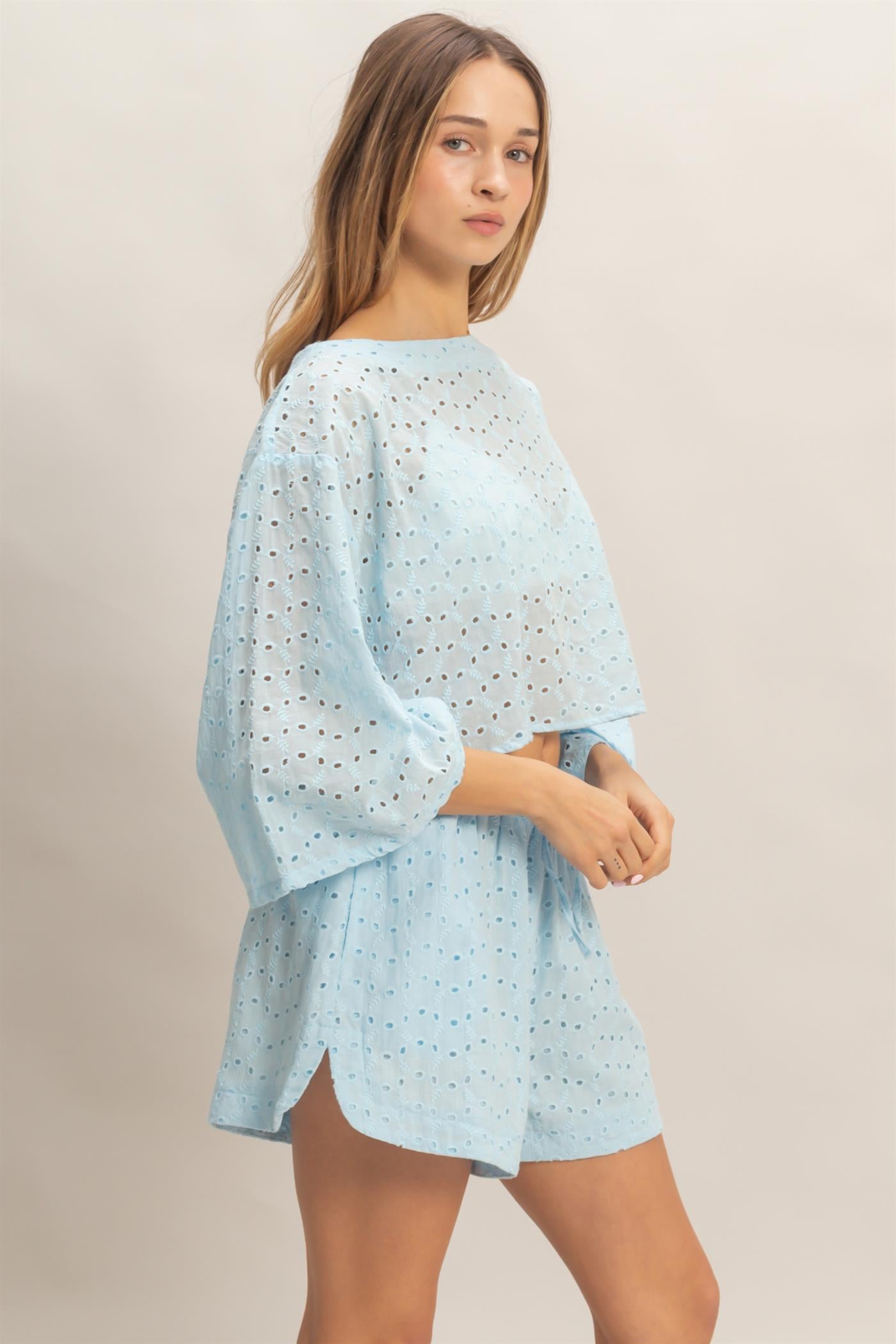 Wholesale Eyelet Long Sleeve Top & Shorts Set Clothing HF26A066-SET L.BLUE HYFVE