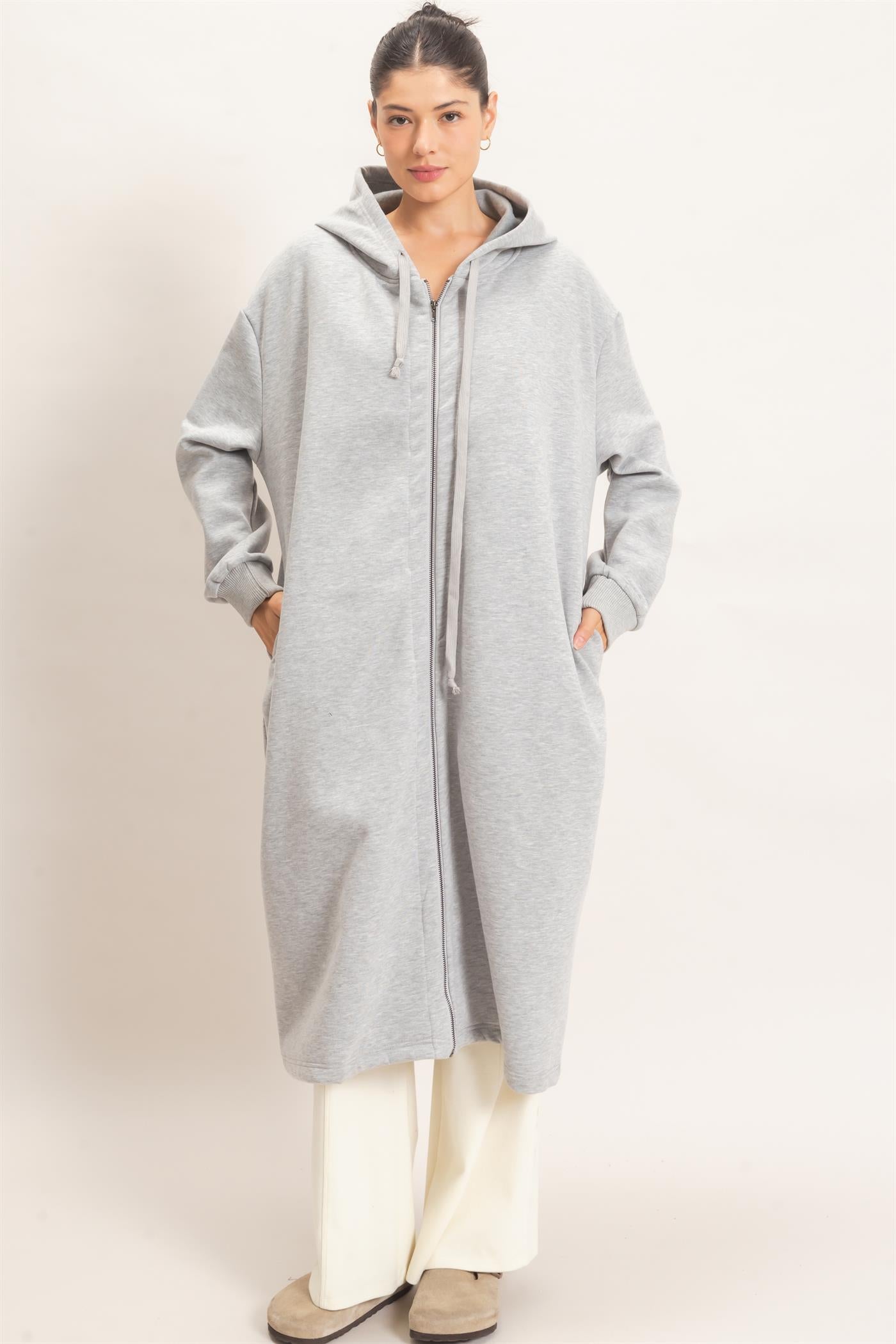 Wholesale Oversized Longline Zip-Up Hoodie Jacket Outerwear HF26E650 HEATHER GRAY HYFVE