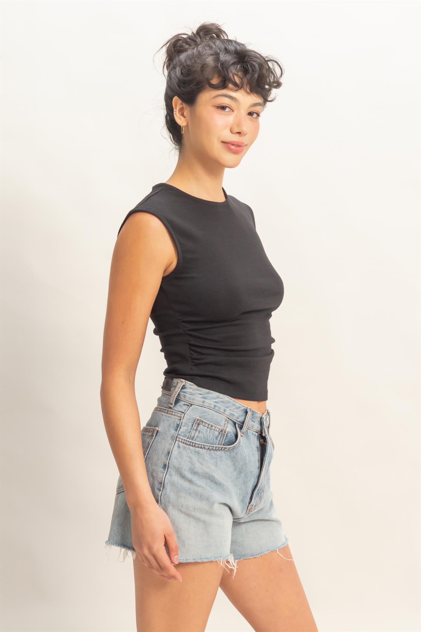 Wholesale Ruched Waist Cap Sleeve Top Clothing Tops DZ26A889 BLACK DOUBLE ZERO