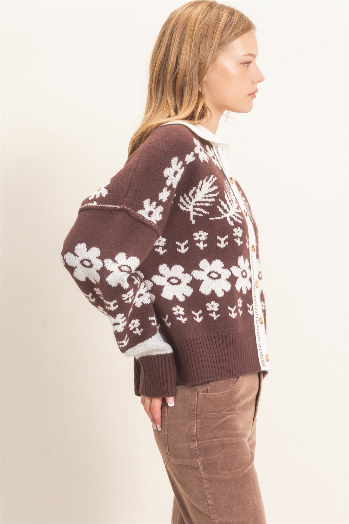 Wholesale Floral Jacquard Collared Cardigan Cardigans HF26E885 BROWN HYFVE