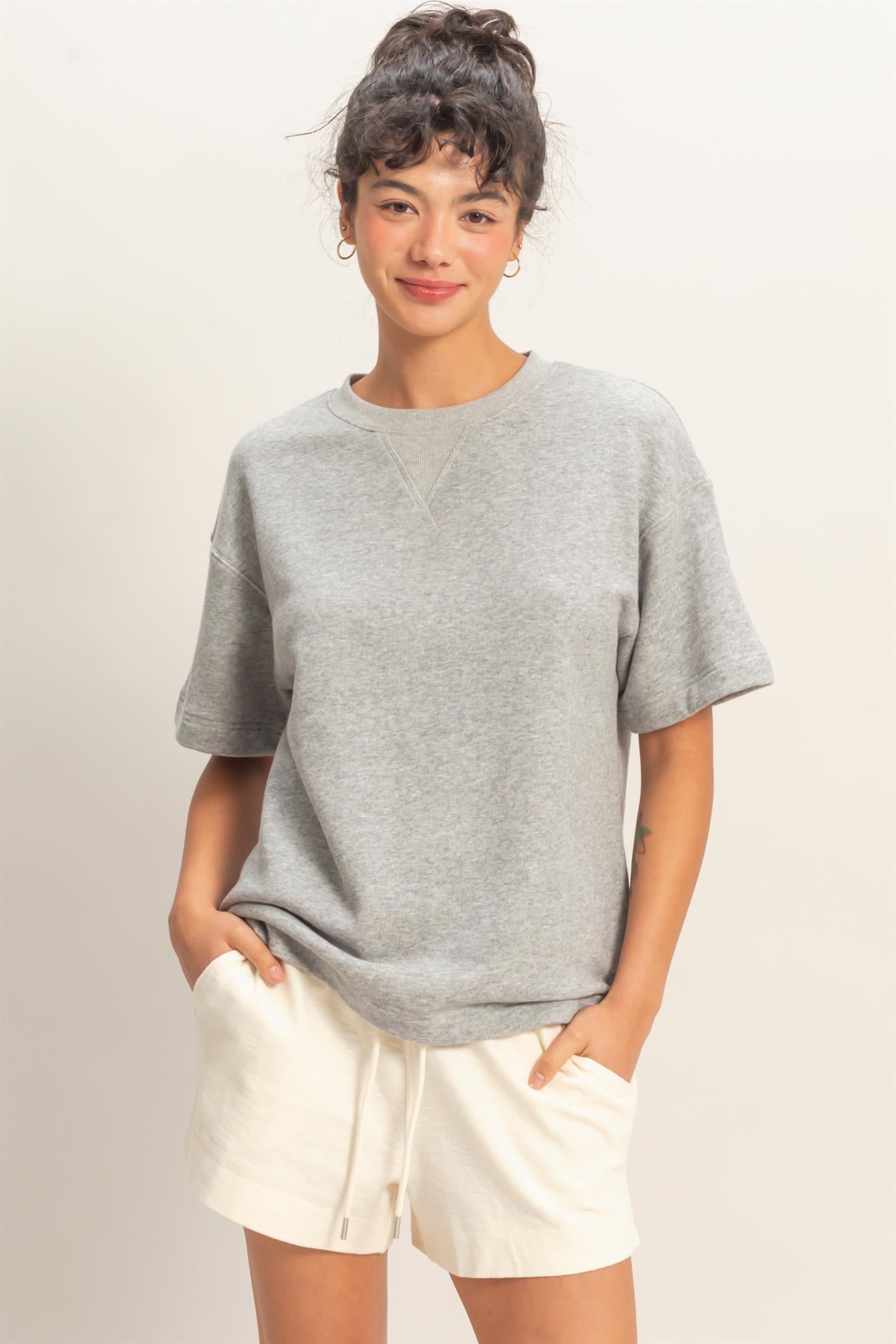 Wholesale Crew Neck Short Sleeve Top Clothing Tops DZ26A891 HEATHER GRAY DOUBLE ZERO