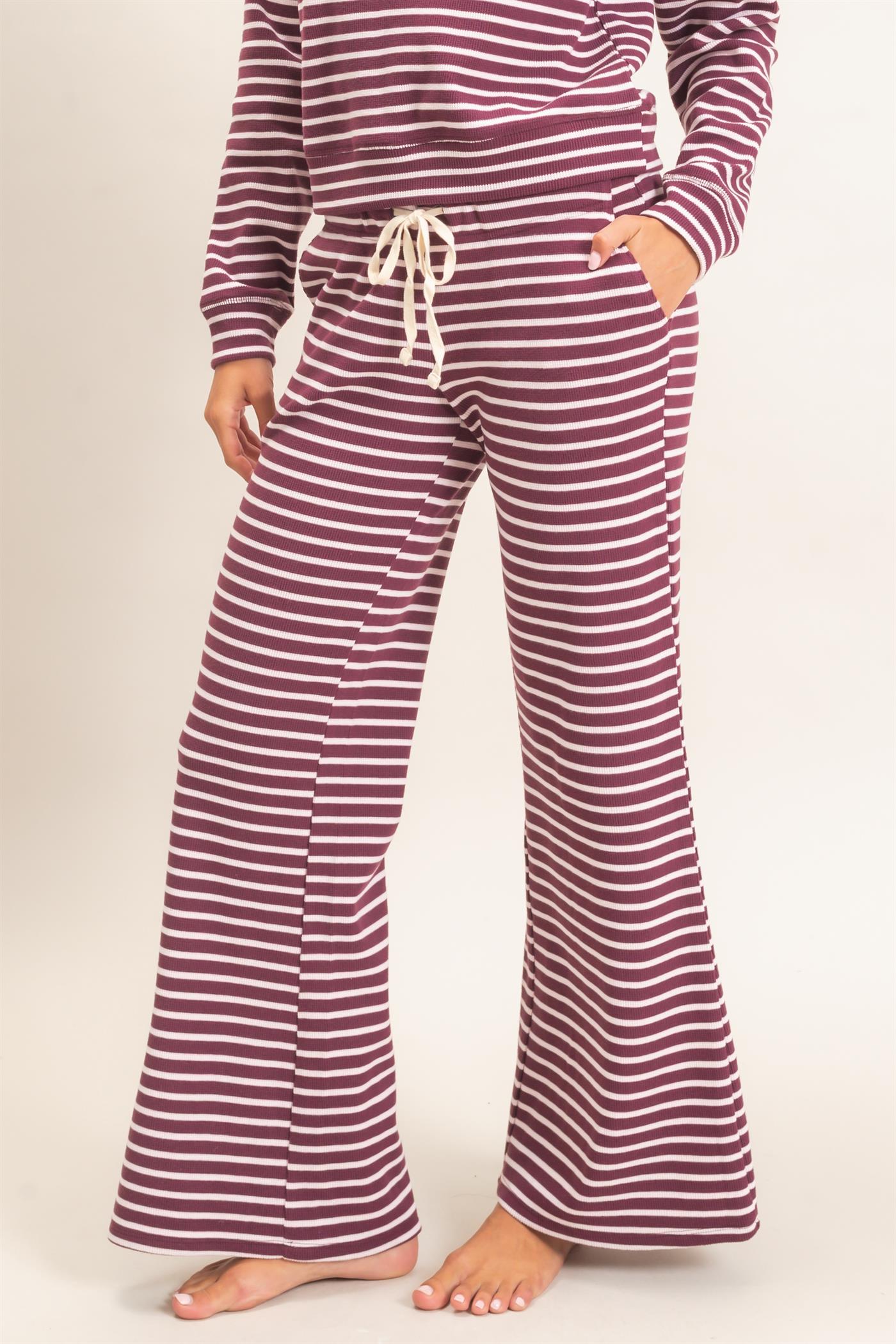 Wholesale Low Rise Striped Waffle Knit Pants Pants DZ26E553 DARK CHERRY DOUBLE ZERO