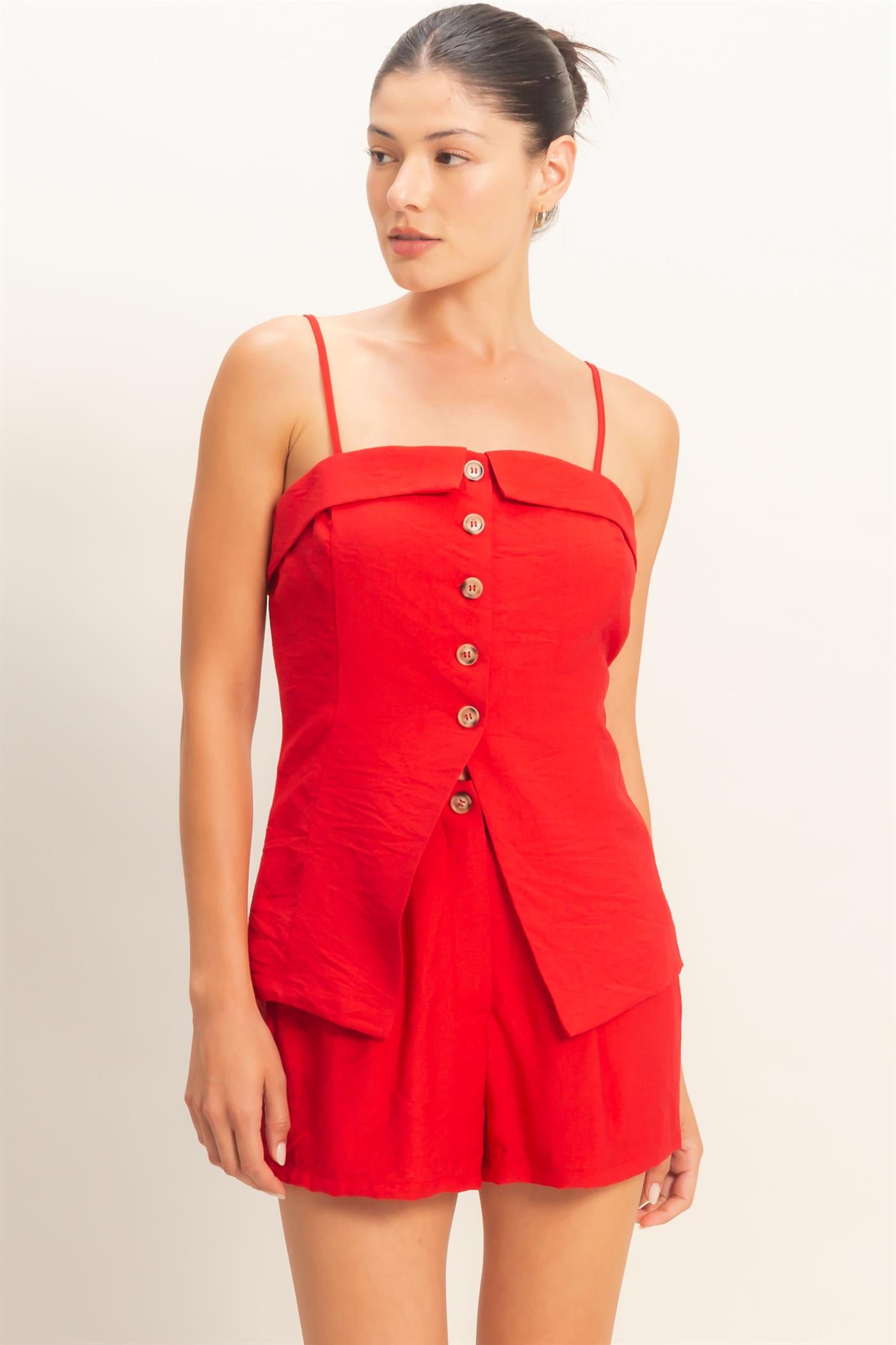 Wholesale Strap Buttoned Top And Shorts Set Clothing DZ26C115-SET RED HYFVE