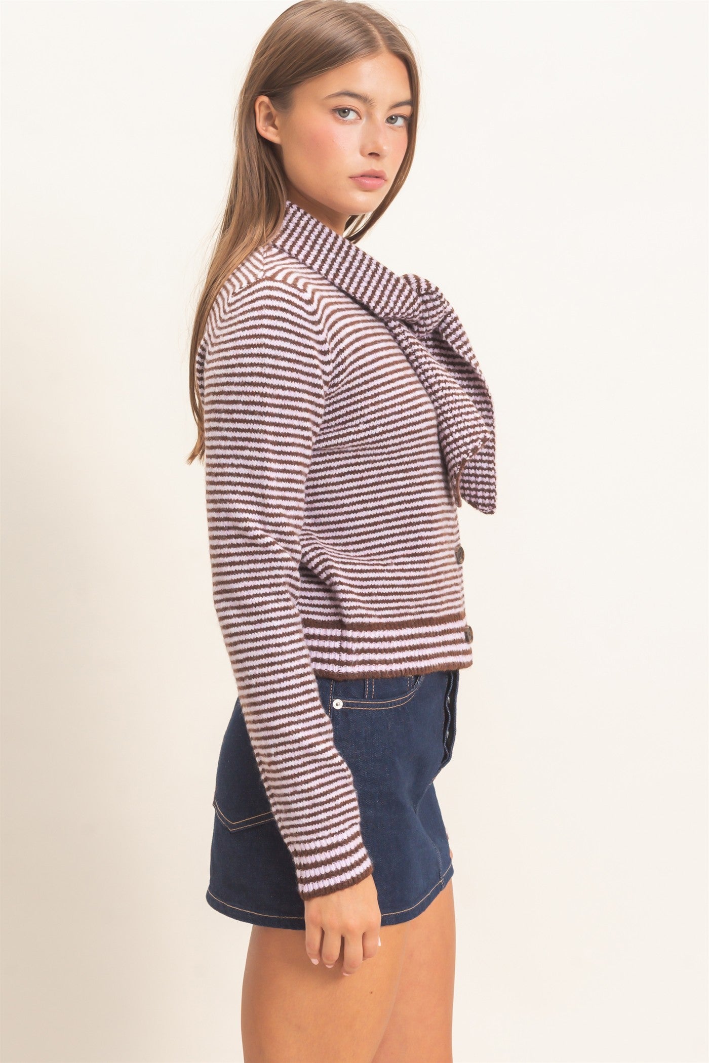 Wholesale Striped Cardigan With Scarf Cardigans DZ26E930 LAVENDER DOUBLE ZERO