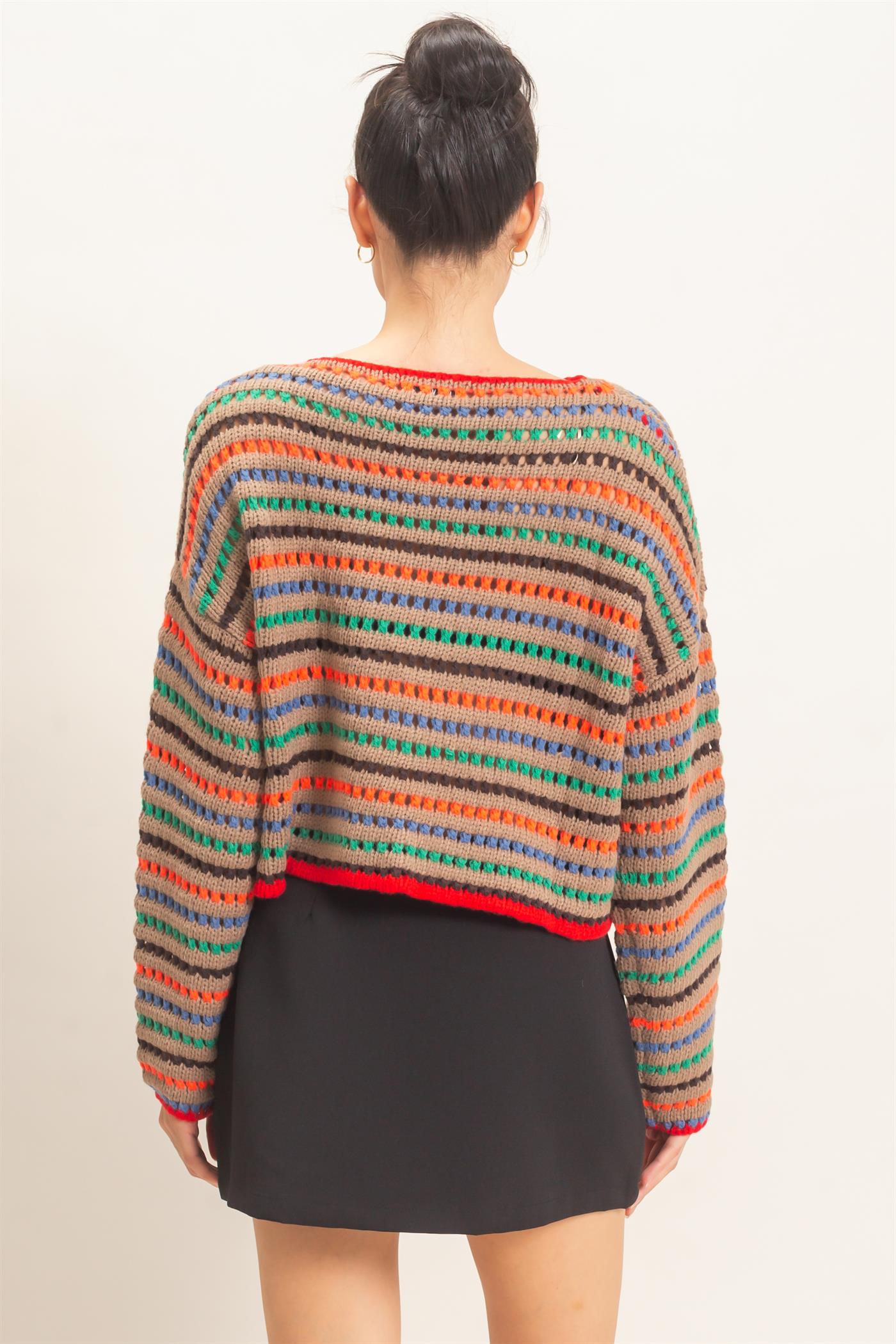 Wholesale Striped Knit Sweater Sweaters HF26F189 MOCHA HYFVE