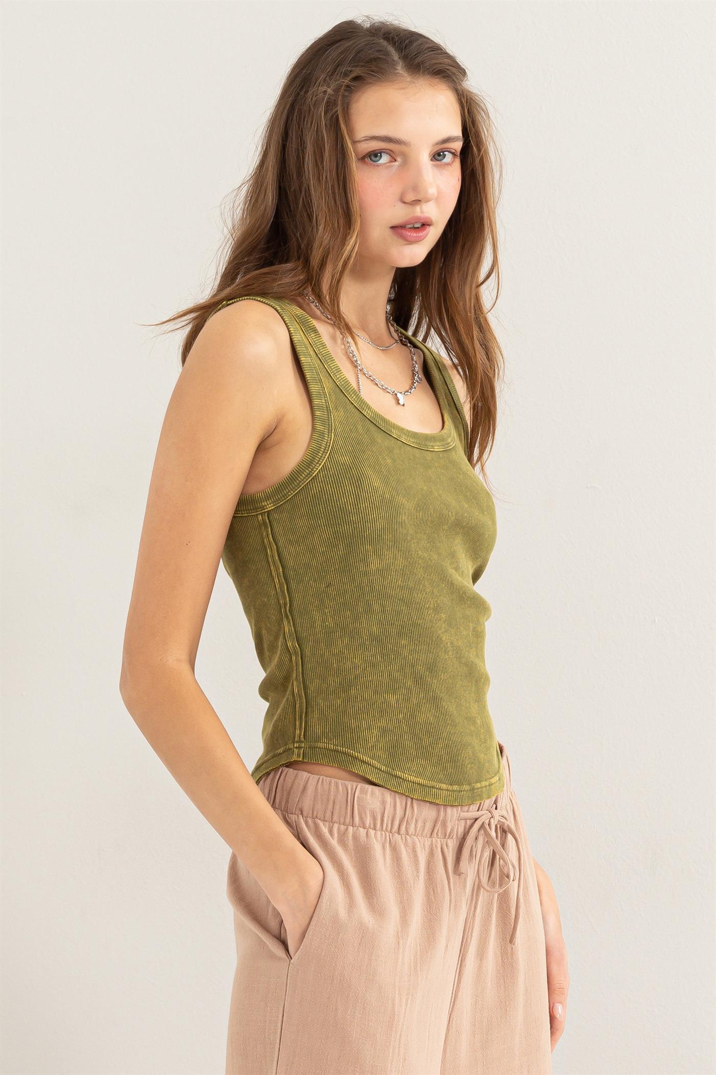 Wholesale Acid Washed Tank Top Clothing Tops DZ24A649-D MOSS DOUBLE ZERO