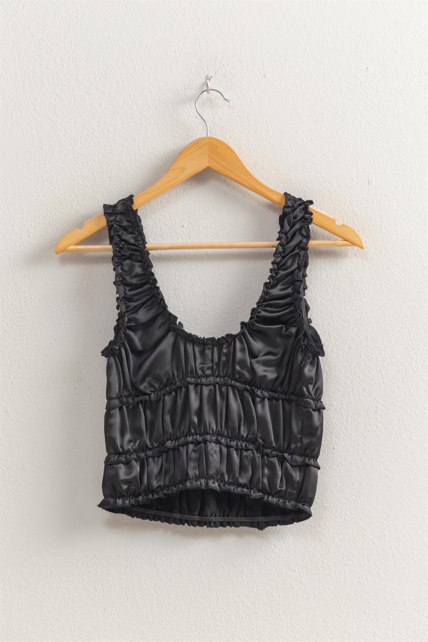 Wholesale Ruched Satin Sleeveless Crop Top Clothing Tops DZ25C172 BLACK DOUBLE ZERO
