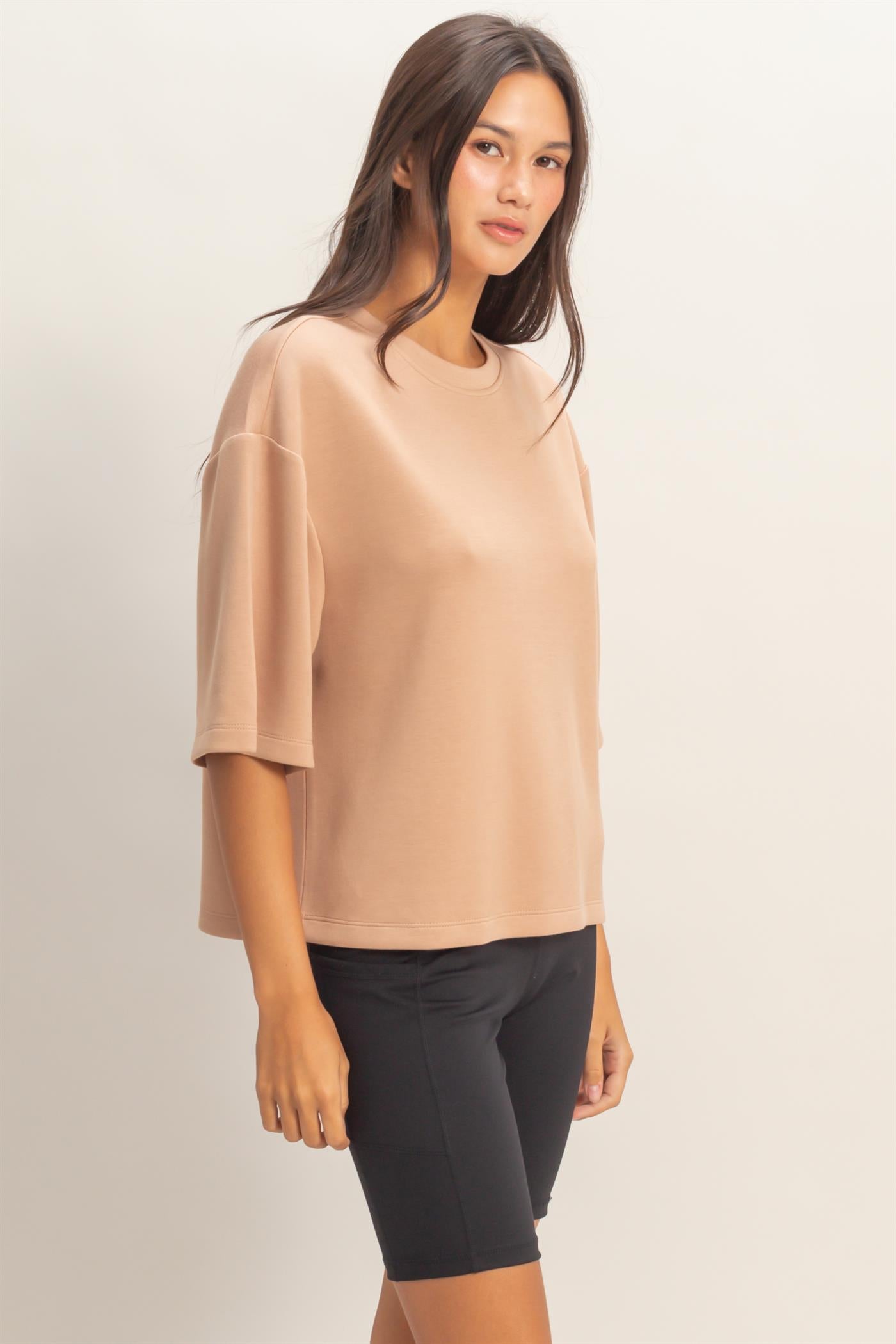 Wholesale Scuba Short Sleeve Boxy Top T-Shirts DZ26A271 DARK TAUPE DOUBLE ZERO
