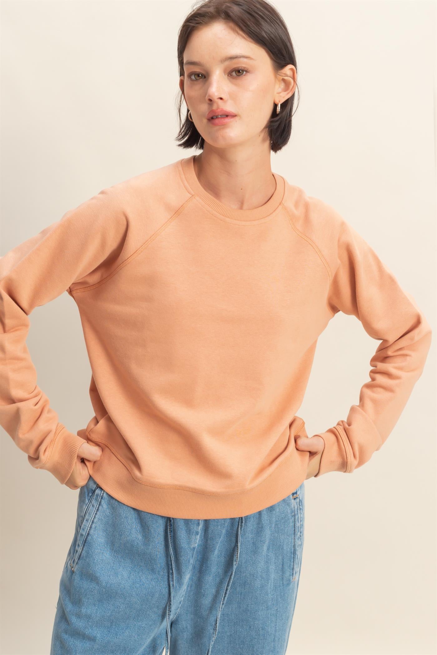 Wholesale Crew Neck Raglan Sleeve Comfy Pullover Sweatshirt Sweatshirts DZ25E237 CLAY DOUBLE ZERO
