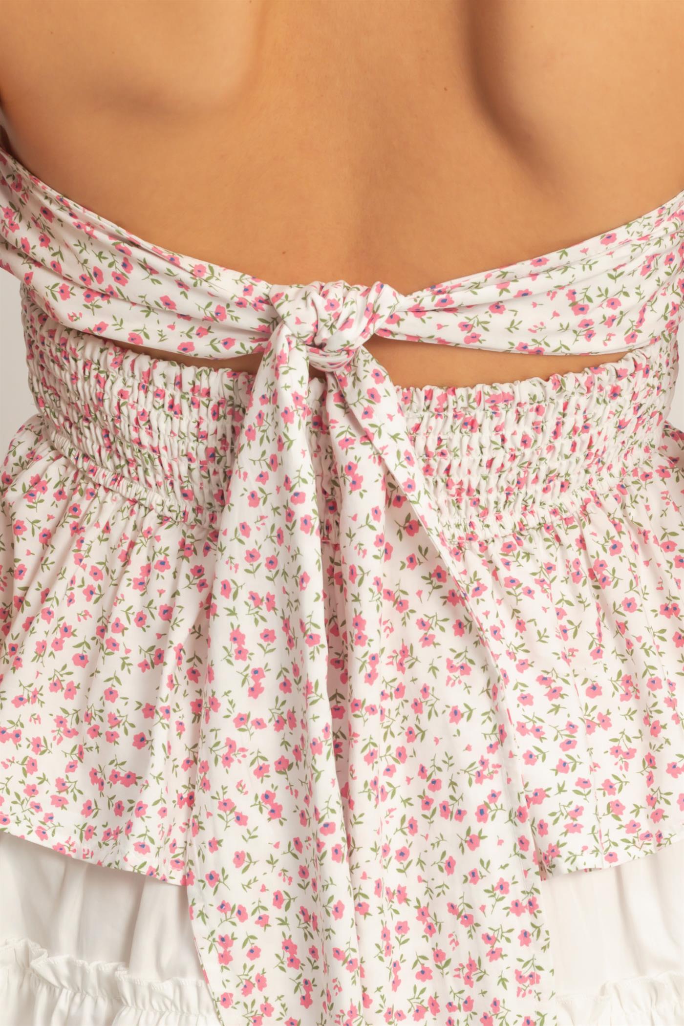 Wholesale Floral Strapless Smocked Top Shirts HF26A868 PINK HYFVE